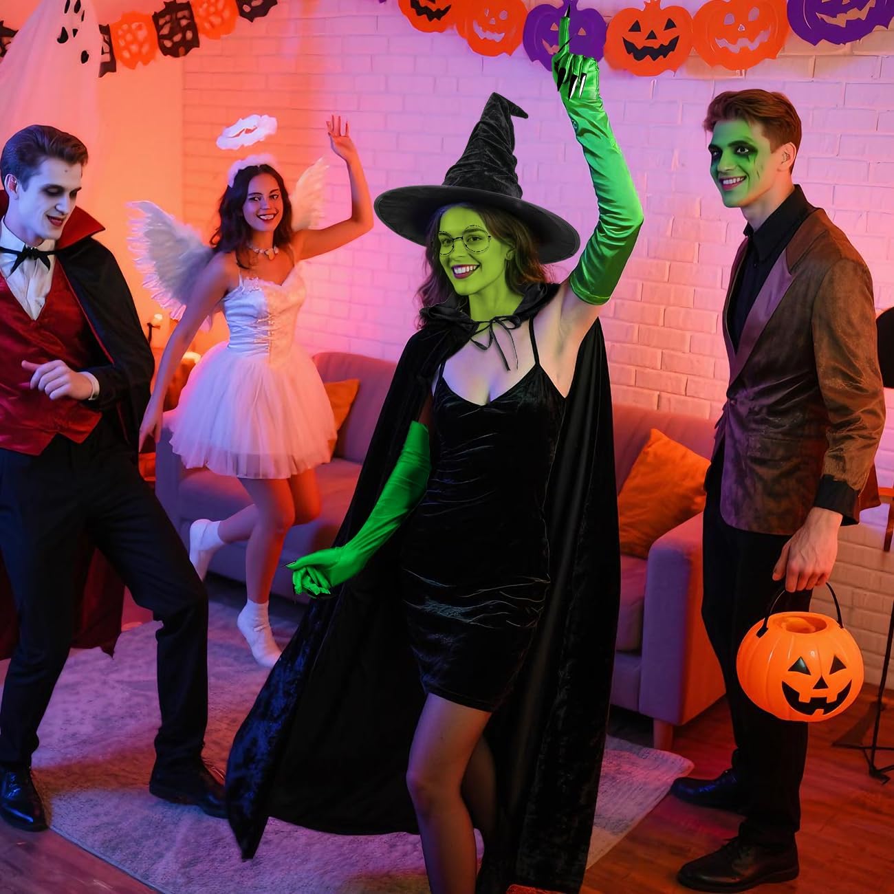 MOVINPE Green Witch Costume Set for Women – 5-Piece Hooded Cloak, Witch Hat, Green Face Paint, Long Gloves with Sharp Nails, & Glasses – Perfect for Halloween, Cosplay, and Themed Parties - Image 5