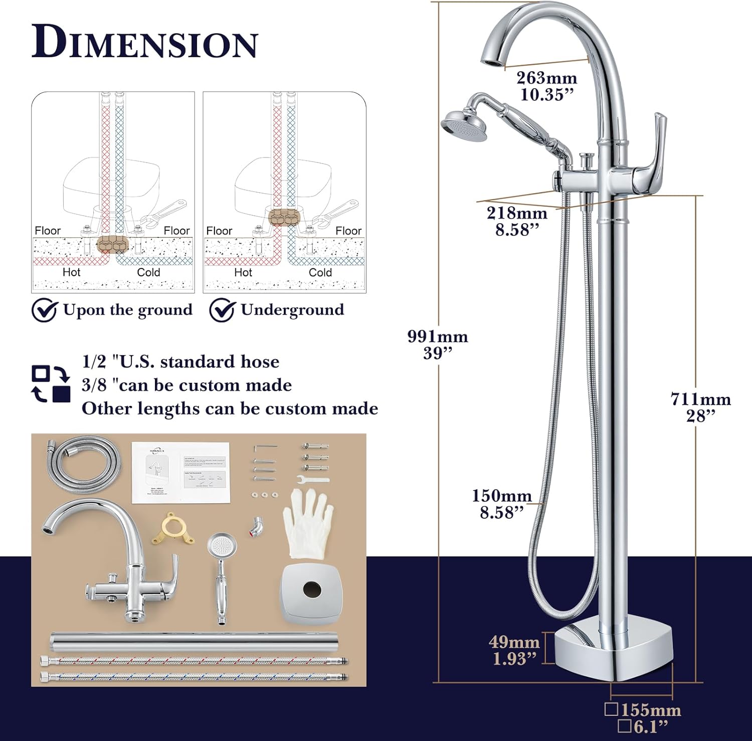 Free Standing Tub Faucet, Hanallx Luxury Polished Chrome Freestanding Bathtub Faucet with Sprayer, Premium Brass High Flow Rate Floor Mount Tub Filler Swivel Spout, Roman Tub Faucet Set（HM88011-CP）