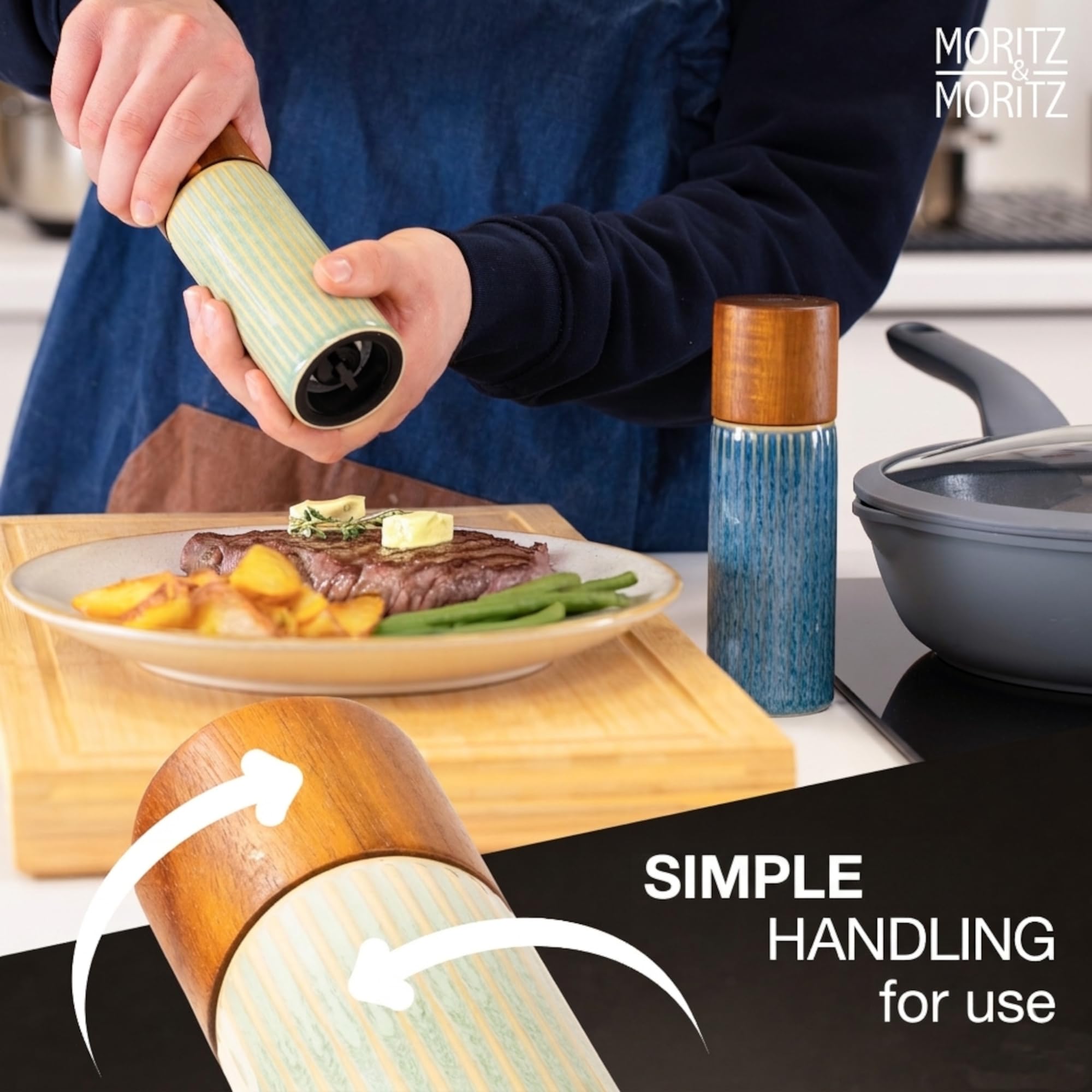 Moritz & Moritz PEPE Juego de Molinillos Sal y Pimienta (2 uds Azul/Verde) – Molinillo Especias Cerámica, Piedra y Madera de Acacia, Ajuste Grueso/Fino