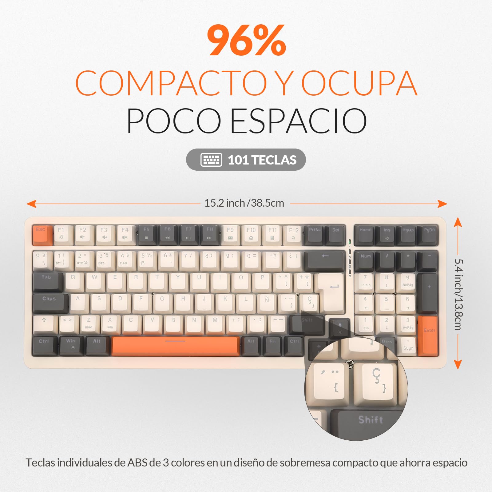 Rii RK909 Teclado 96% Gaming Mecánico, 3 Modos de Conectividad, Retroiluminación LED, Layout Español (Interruptores Rojos)