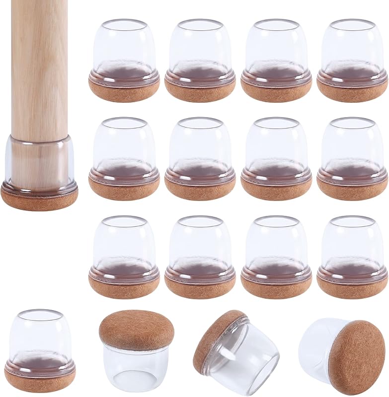 Ezprotekt Protectores de Suelo Transparentes para Patas de Silla 20-28mm, 16 Tapones de Silicona con Fieltro Envuelto, Fundas de Silicona Redondo