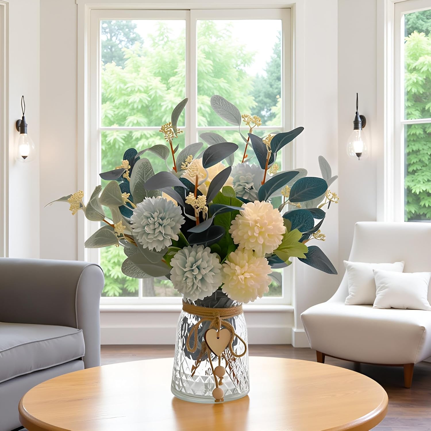 Artificial Flowers with Vase, Faux Flower Arrangement with Eucalyptus Leaves, Silk Hydrangea Table Centerpiece for Home Office Kitchen, Dining Room & Coffee Table Decor — view 2