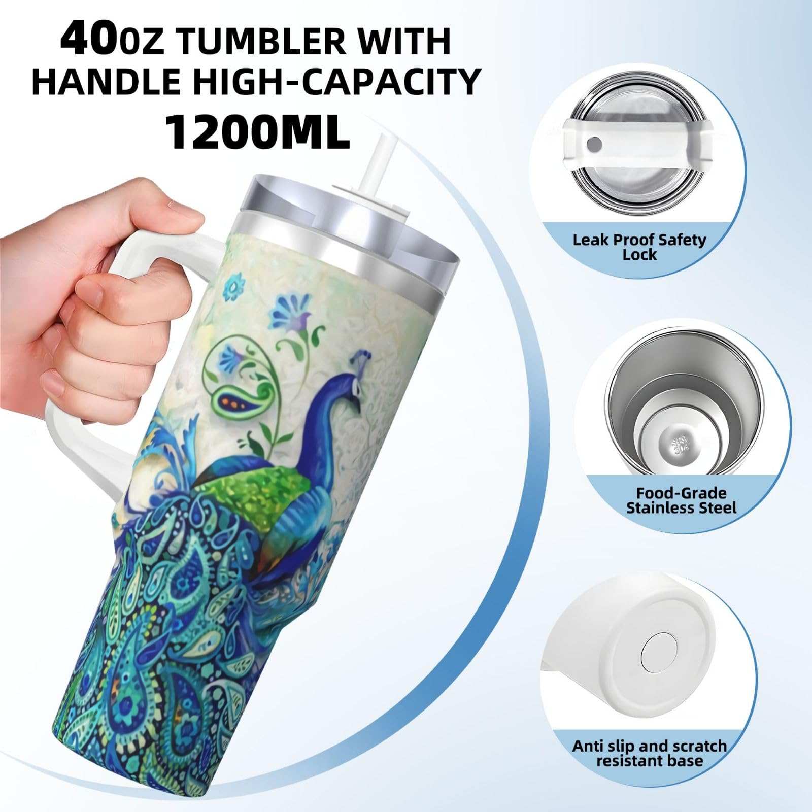 PTONUIC Vaso de pavos reales y flores de 40 onzas con asa y tapa con popote, taza aislada reutilizable de acero inoxidable, botella de agua, taza de viaje, apta para portavasos, regalos para mujeres y