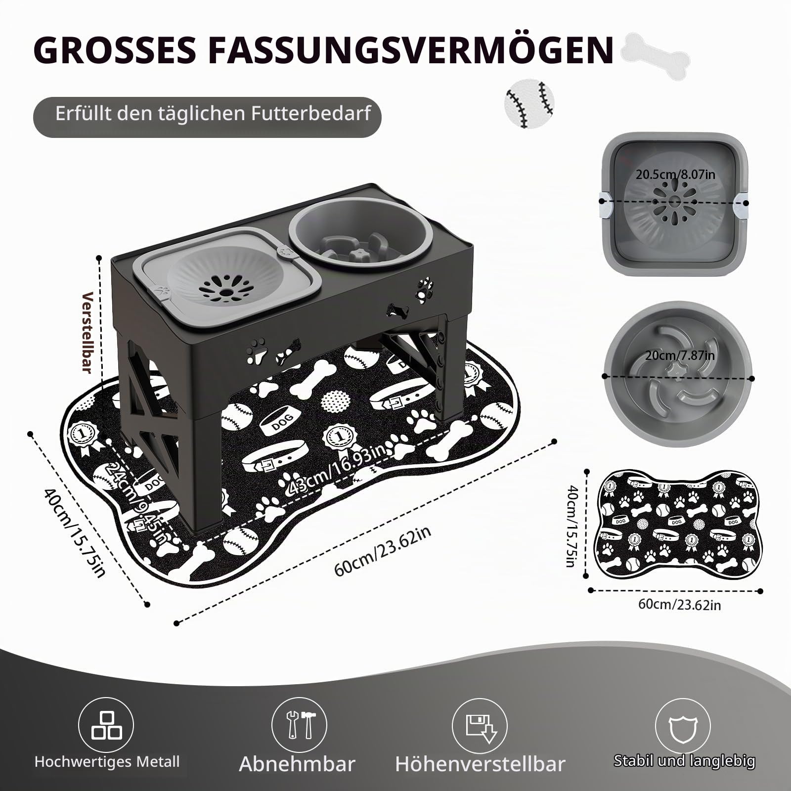 Erhöhter Hundenapf,5 Höhenverstellbar Futternapf für Kleine Mittlere Große Hunde,2-in-1 Auslaufsicher Faltbarer Wassernapf & Langsamfutternapf Doppel-Schüssel,Hundenapf Erhöht mit Gummimatte
