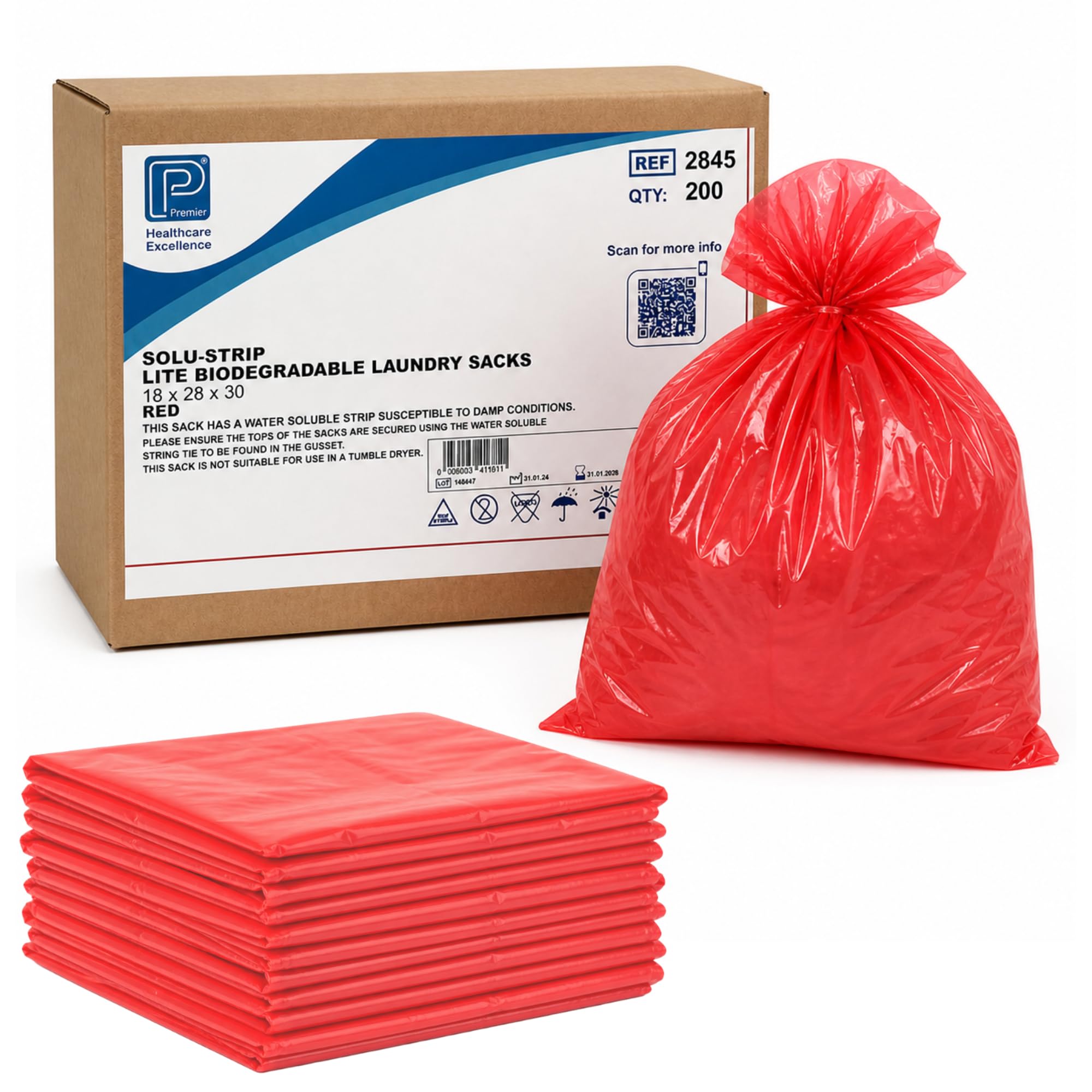 x200 Laundry Bags – Red Sacks 30x28x18 Water Soluble Strip Bags Dirty Linen Sacks, Dissolvable Tie Closure, Disolvable Polythene Laundry Bags for Hospitals, Hotels & Commercial Use