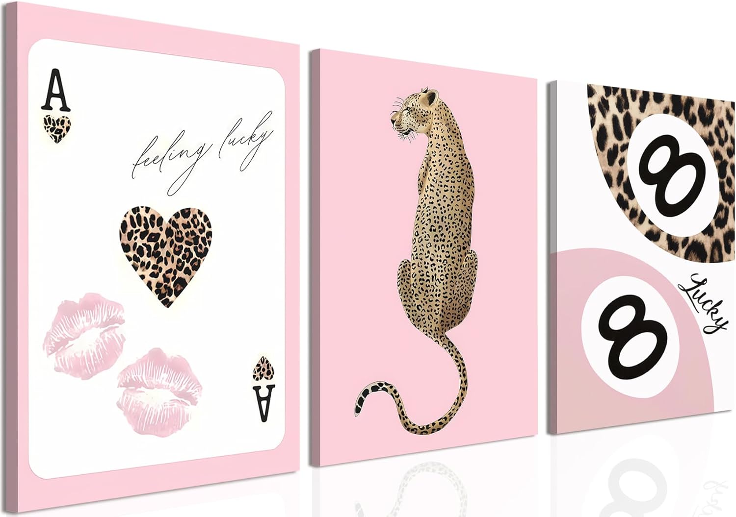 Trendy Leopard Canvas Wall Art Set of 3 - Pink Cheetah Prints Wall Decor Pictures, Funky Lucky You 8 Ball Poster Preppy Aesthetic Paintings, for Girls Bedroom Dorm Apartment 12x16 inch Framed