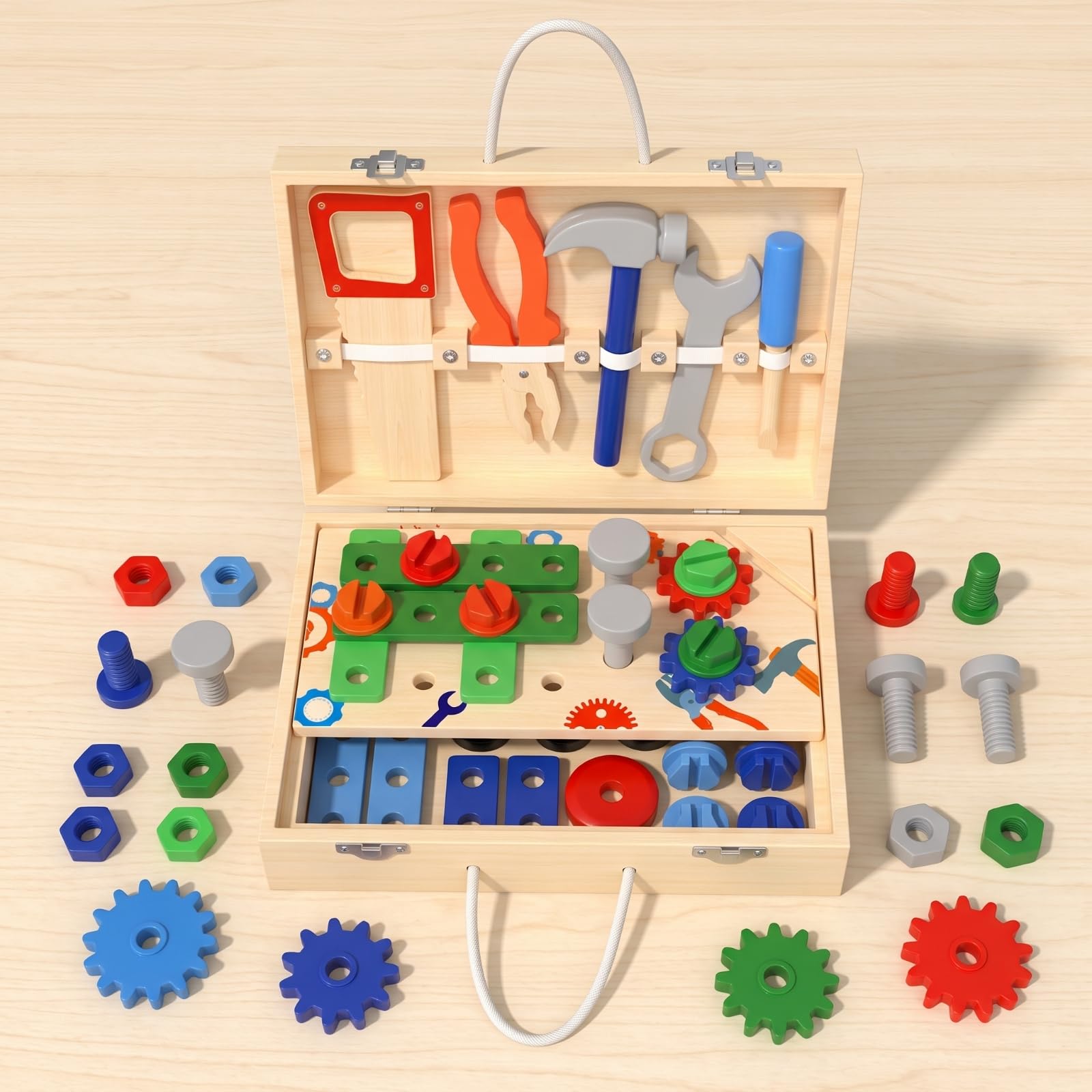 Set di Attrezzi in Legno Multifunzionale | Portatile, Valigetta Attrezzi per Bambini, Richiudibile, Banco Lavoro Giocattolo,