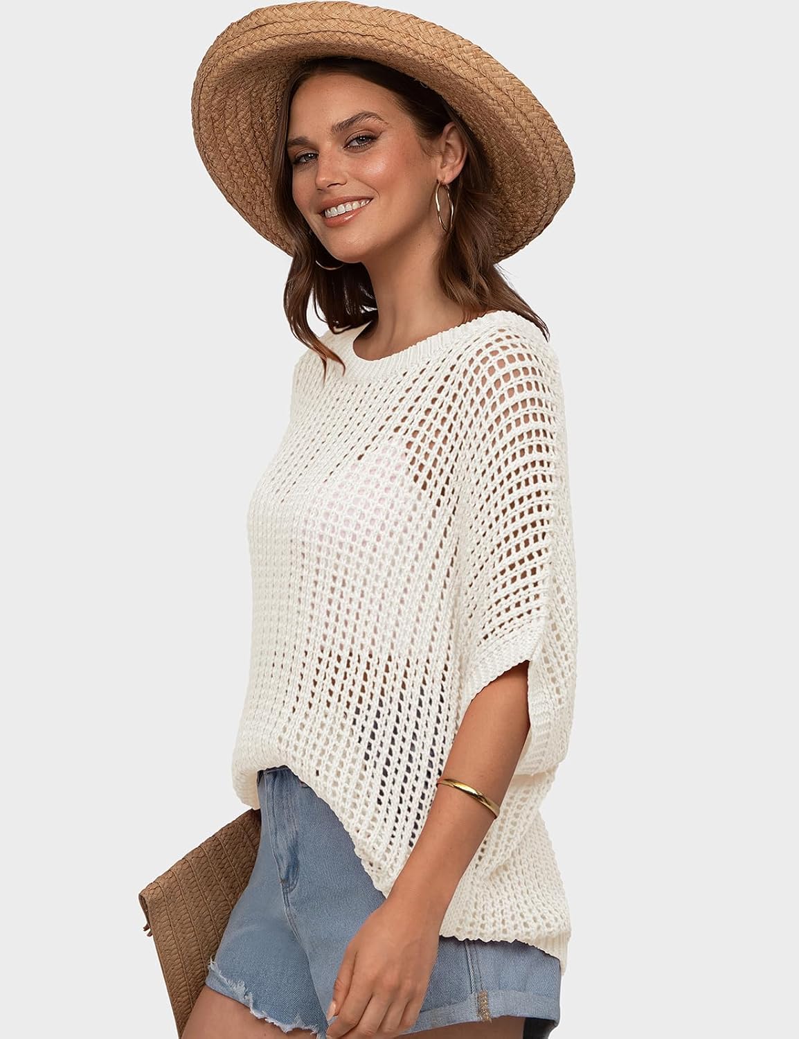 UEU Womens Summer Tops Crochet Short Sleeve Mesh Knit Sweater Shirts Beach Swimsuit Swim Cover Ups 2025 Trendy Outfits - Image 5