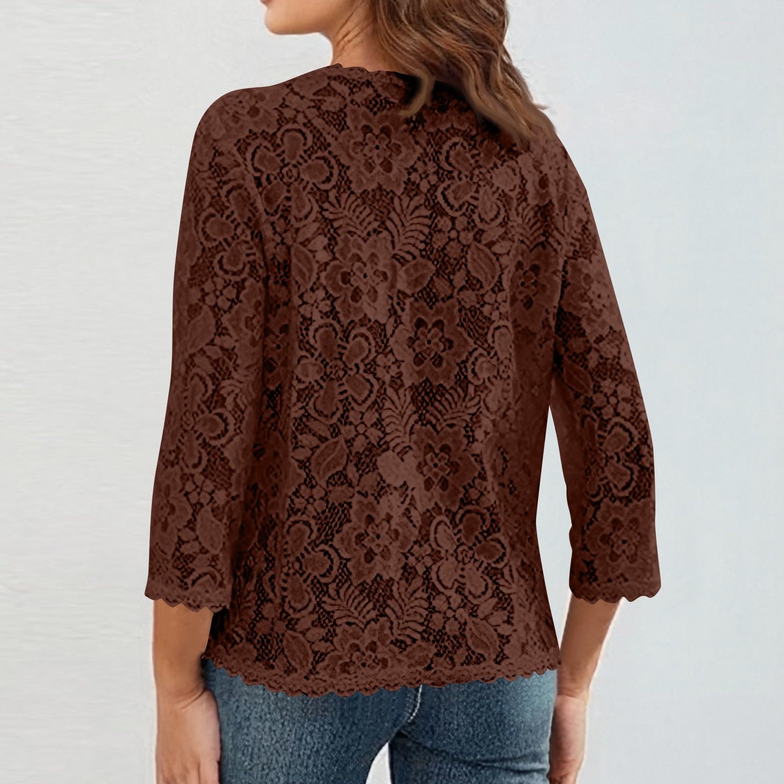 Cardigan Femme Manches Trois Quarts Pure Couleur en Dentelle ajourée et Transparente Style Romantique et délicat