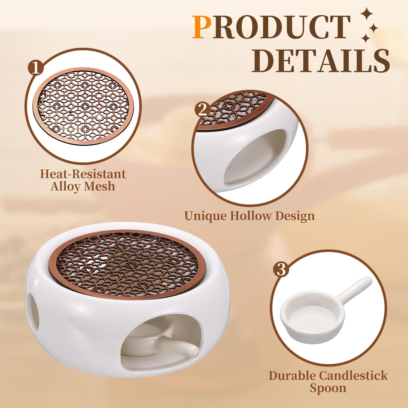 sourcing map Calentador de tetera de cerámica, calentador de té de cerámica con almohadilla de aleación, soporte para velas de té para calentar café, leche, agua, resistente al calor, diseño de 3