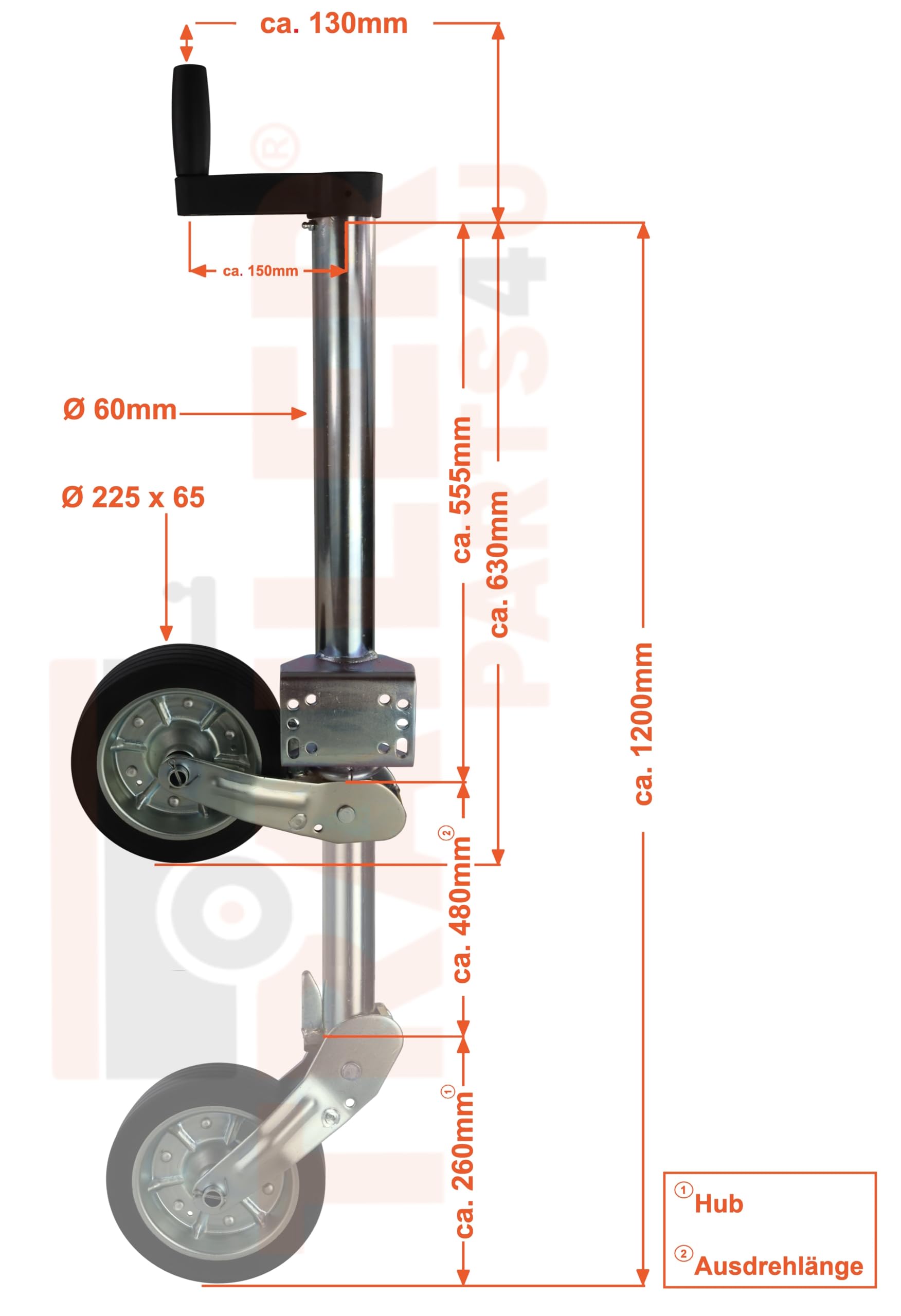 Automatyczne koło podporowe do dużych obciążeń z uchwytem manewrowym 500 kg ekstra długie koło do przyczepy samochodowej 225 x 65 mm
