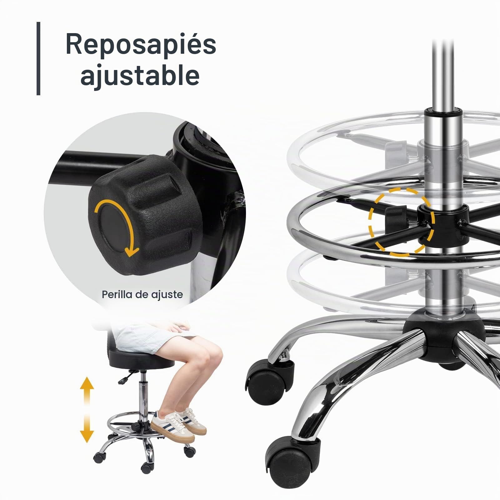 Bonnlo Taburete con Ruedas Ajustable en Altura 60-72cm con Respaldo Desmontable, Taburete de Trabajo Giratorio 360°, Soporta hasta 136 kg. Taburete de Oficina para Oficina/Salón/Bar, Color Negro