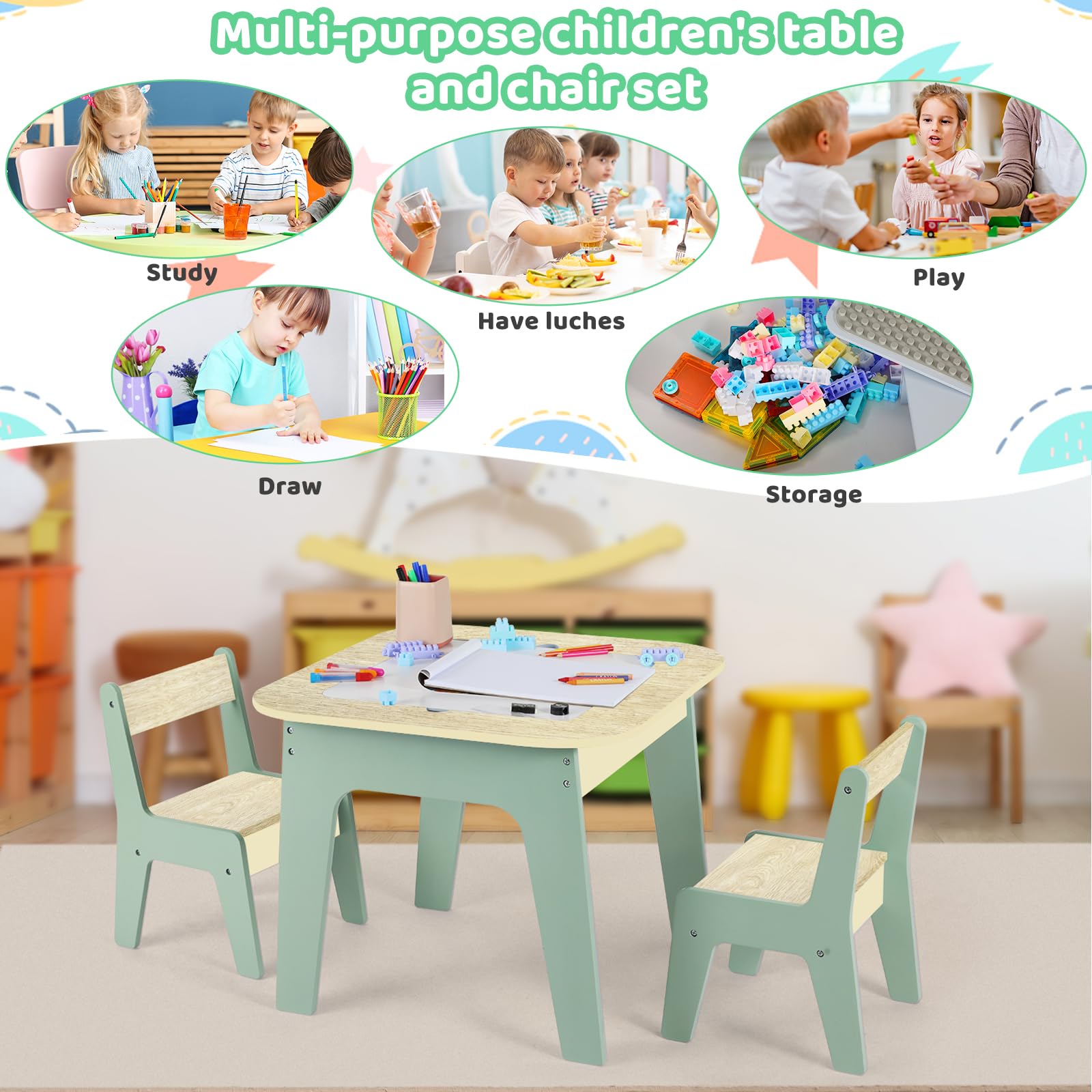 MAMIZO Table pour Enfant avec 2 pcs Chaises, Chaise et Table, Tableau Double Face, Ensemble de Table et Chaises,Tableau des Blocs de Construction,Bureau Enfant, Vert