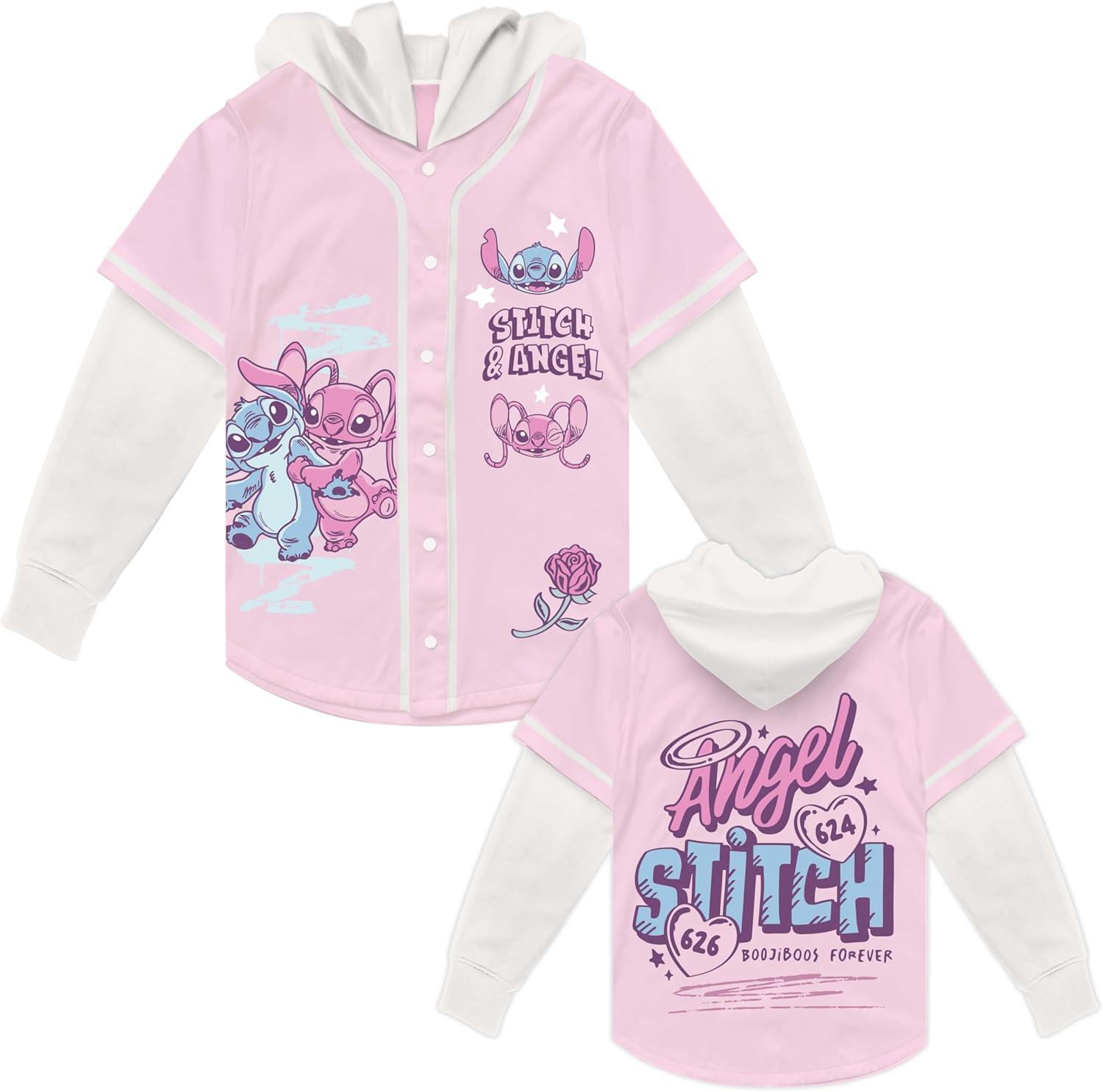 Disney Girls' Disney Lilo & Stitch Girls 4-16 Hooded Long Sleeve Baseball Twofer Jersey (Stitch & Angel Styles)