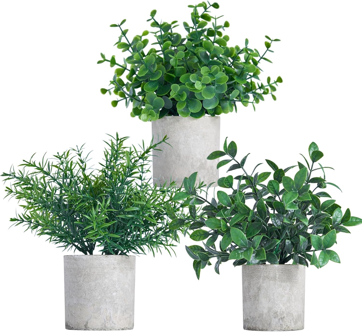 3 Pack Fake Plants Artificial Potted Eucalyptus 7.9 inch Lifelike Small Faux Topiaries Perfect for Home Office Desk,Shelf Decor (Dark Green)