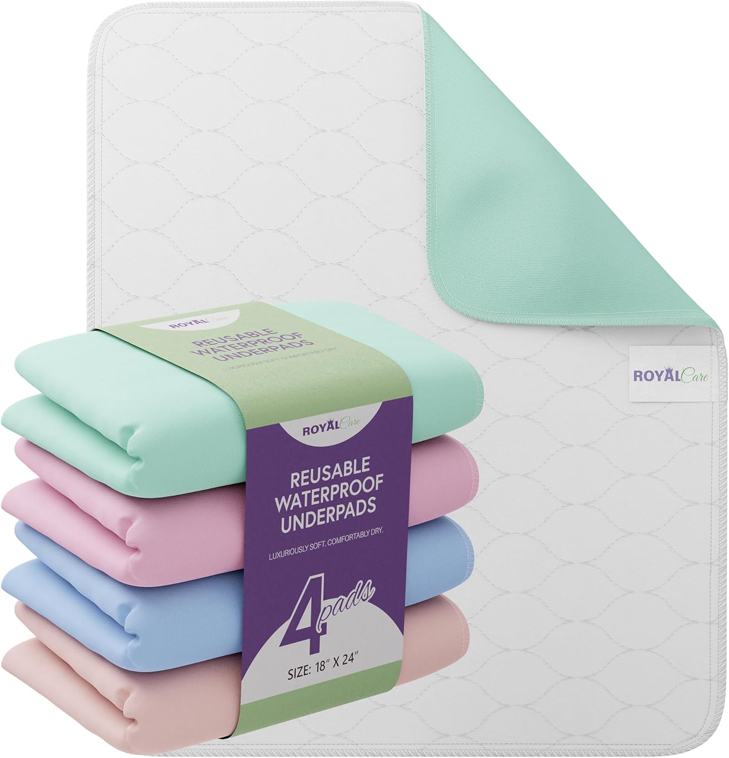Incontinence Bed Pads - 4 Pack 18” x 24” Reusable Waterproof Mattress Protectors - Highly Absorbent, Machine Washable - for Children, Pets and Seniors - Assorted Colors - Royal Care 18x24 Inch (Pack of 4) Multicolor