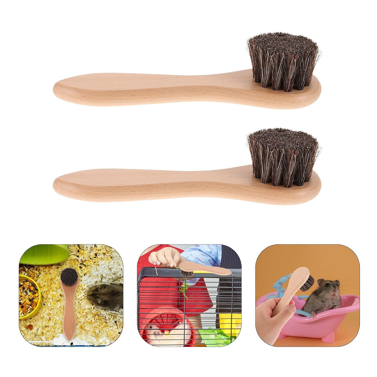 ABOOFAN 2pcs Small Animals Bath Brush with Ergonomic Wood Handle and Ultra-soft Horsehair Bristles for Hamsters and Guinea Pigs, Versatile Pet Grooming Tool for Bathing and Hair Cleaning