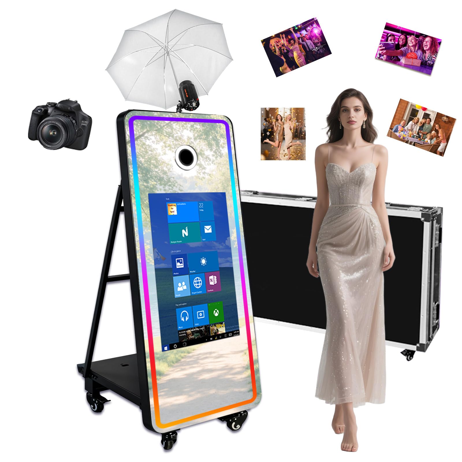 Magiczne lustrzane urządzenie do fotobudki z ekranem dotykowym 82 cm, parasol, światło wypełniające RGB, walizka lotnicza, z natychmiastowym drukowaniem i udostępnianiem na imprezy imprezowe (czarny