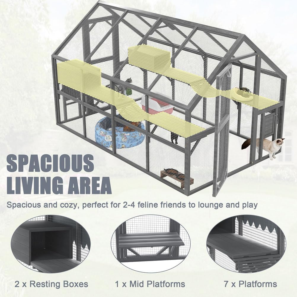 Outdoor Cat Enclosure 74" Large Wooden Catio with 7 Platforms, 2 Rest Boxes & Bridges, Weather-Protective Roof, Secure Multi-Level Cat House for Multiple Cats Outdoor Play, Gray