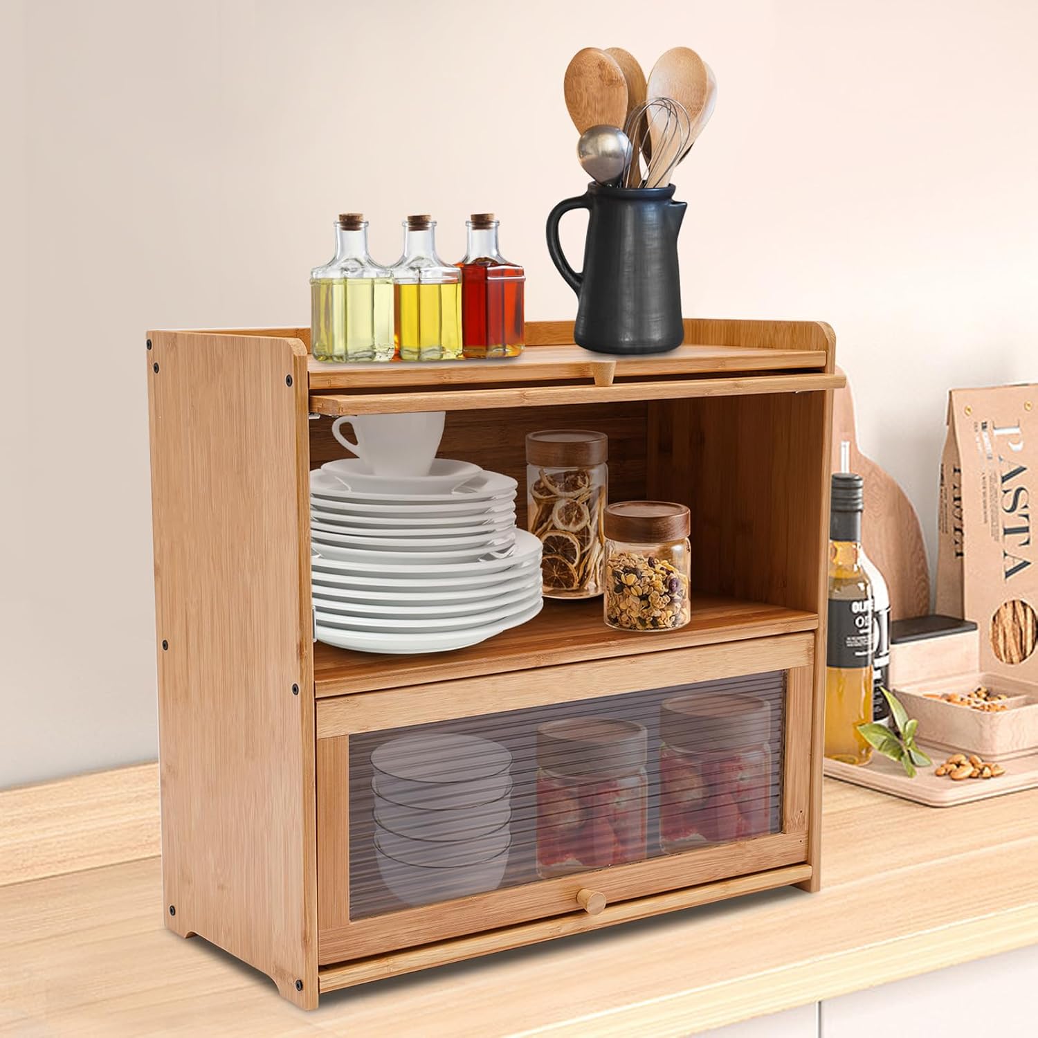 2 Tier Bamboo Countertop Pantry, Kitchen Countertop Flatware Storage Cabinet with 2 Sliding Striped Clear Door Stoppers, Fully Sealed Cutlery Organizer for Condiments, Plates, Bowls