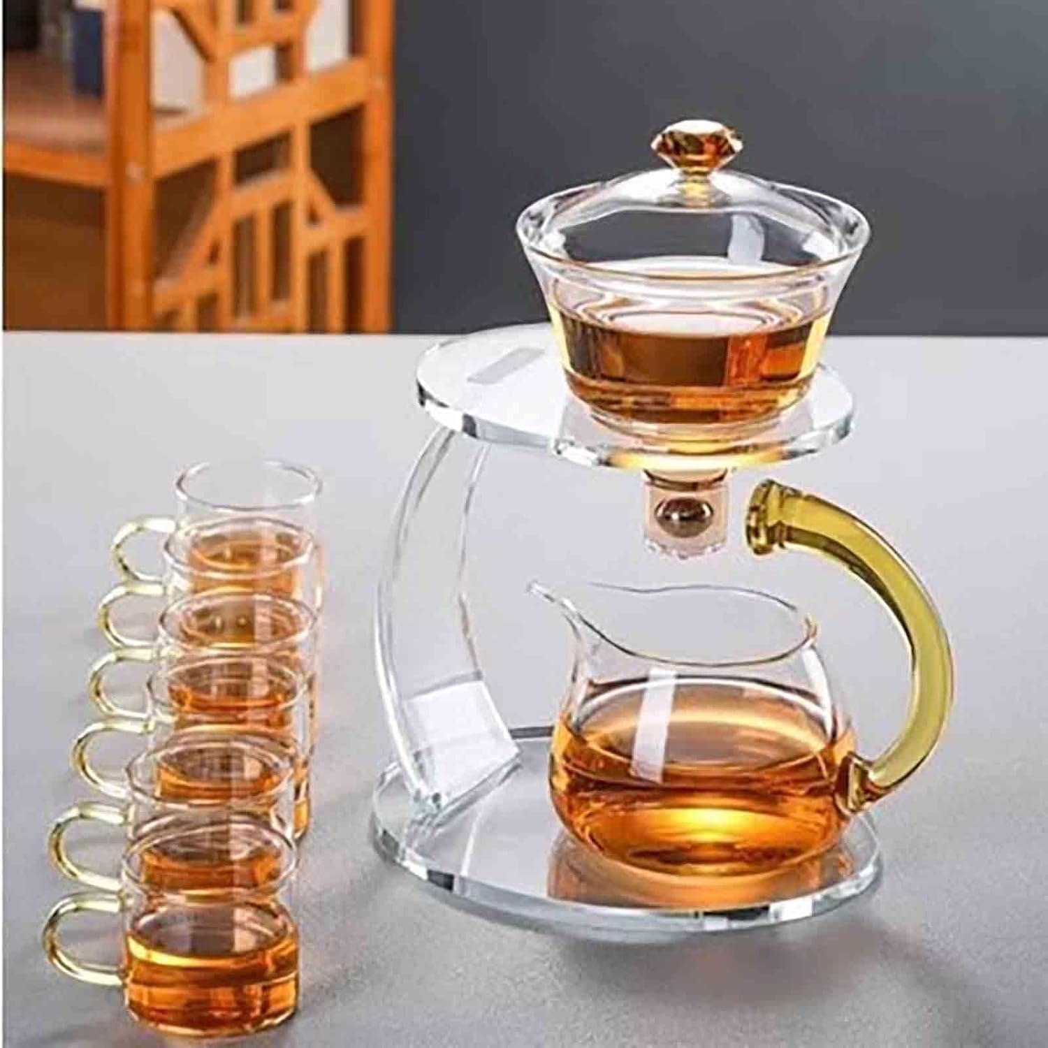 Magnetische Teekanne, halbautomatisches Glas-Tee-Set, Lazy Kung Fu Glas-Tee-Set, Glas-Tee-Set, hitzebeständiges magisches Glas-Teekannen-Set, Gold Handle