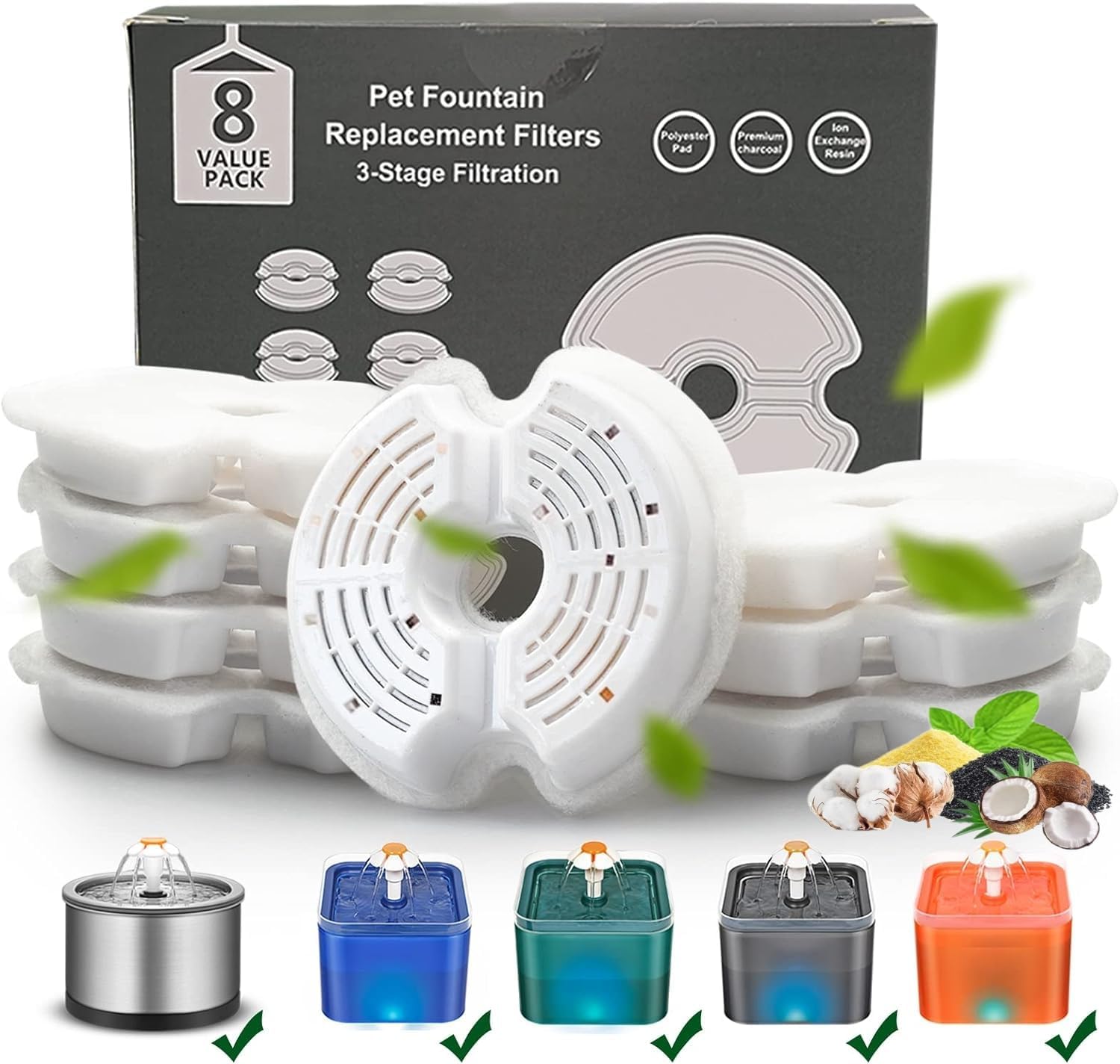 Cat Water Fountain Filter, suitable for various cat fountains of 84oz/2.5L, activated carbon multiple filtration pet fountains (polychrome, Filter 8 Pack)
