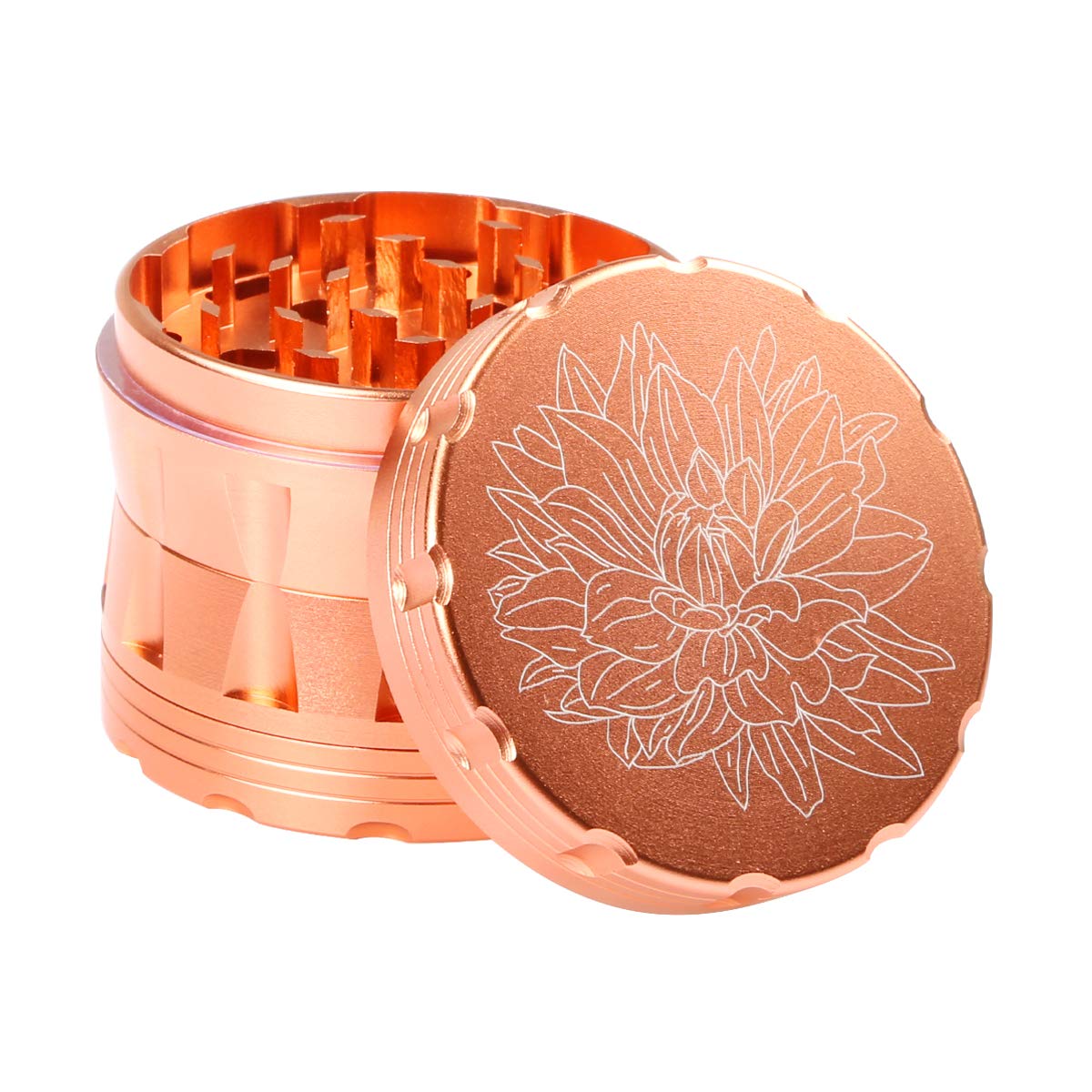 DCOU Premium Aluminium Gewürze Metallschleifer mit Pollenfänger mit Laser Blumenmuster 63mm 4 Stück