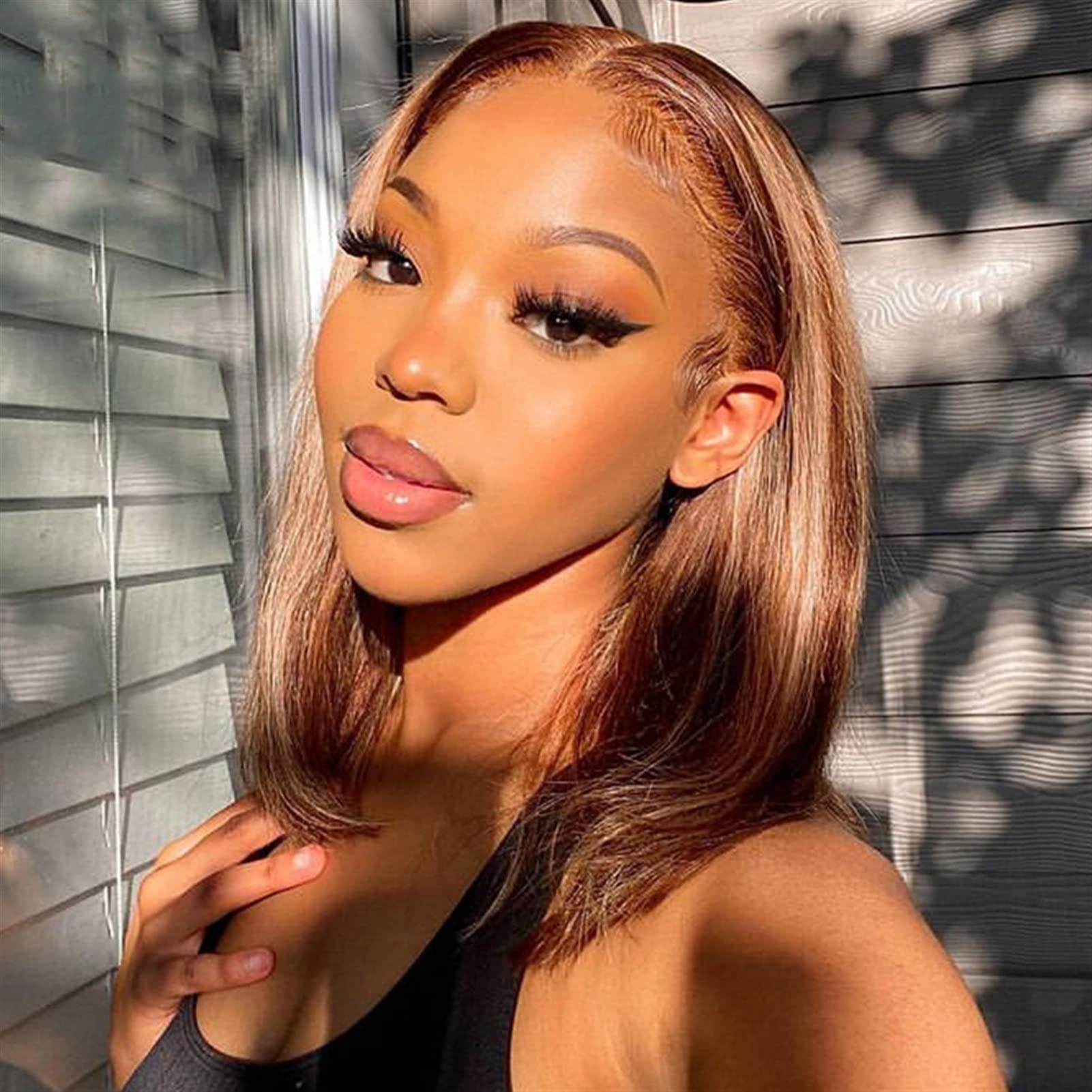 Damskie peruki brazylijskie 13x1 pasemko krótkie peruki bob 8-16 cali Honey Brown-przezroczyste T część koronkowa przód Bob peruki ludzkie włosy peruki dla kobiet Beauty Ladieshair (kolor: HL4-27 13X1