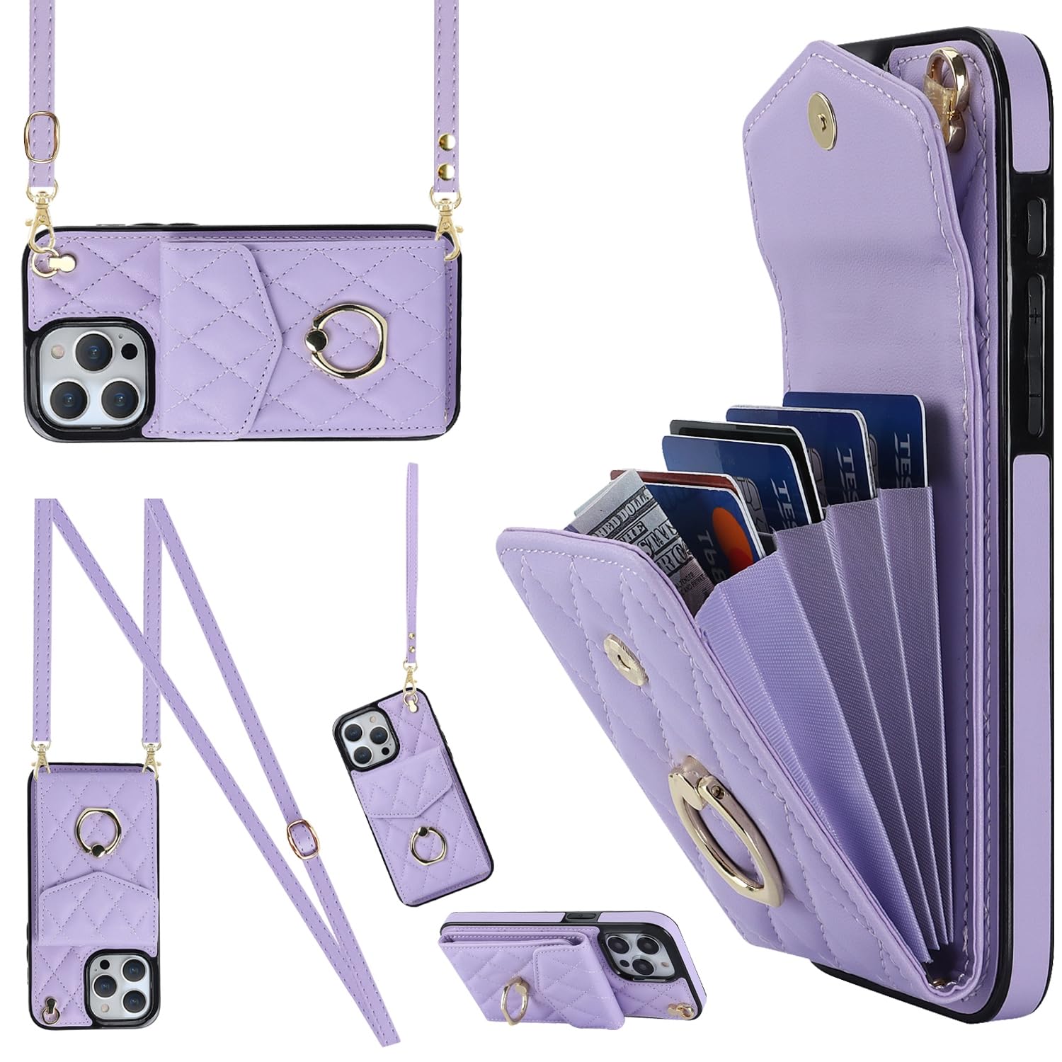 Rhombic Texture Card Bag Phone Case with Dual Lanyard and with Ring Holder for iPhone 15 Pro Max (Light Purple)