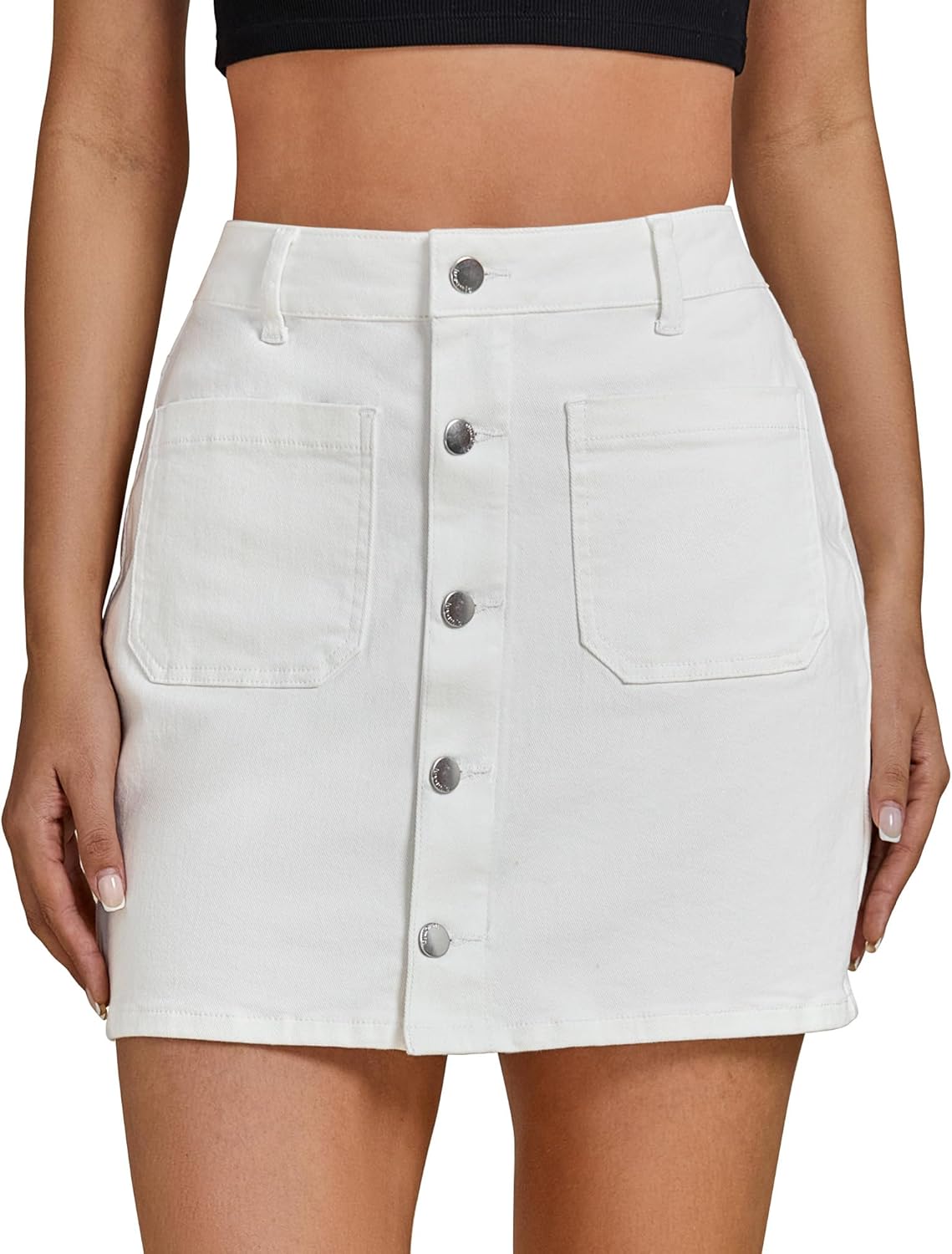 luvamia Jean Skirts for Women Denim High Waisted Trendy Stretchy Mini Button Front Short Pencil Skirt with Patch Pockets