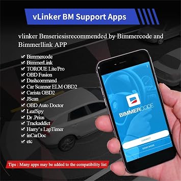 أداة فحص OBDII لقارئ أكواد البلوتوث BM OBD2 من vLinker لنظامي التشغيل Android وWindows - مصممة خصيصًا لـ BimmerCode (وليس iOS)