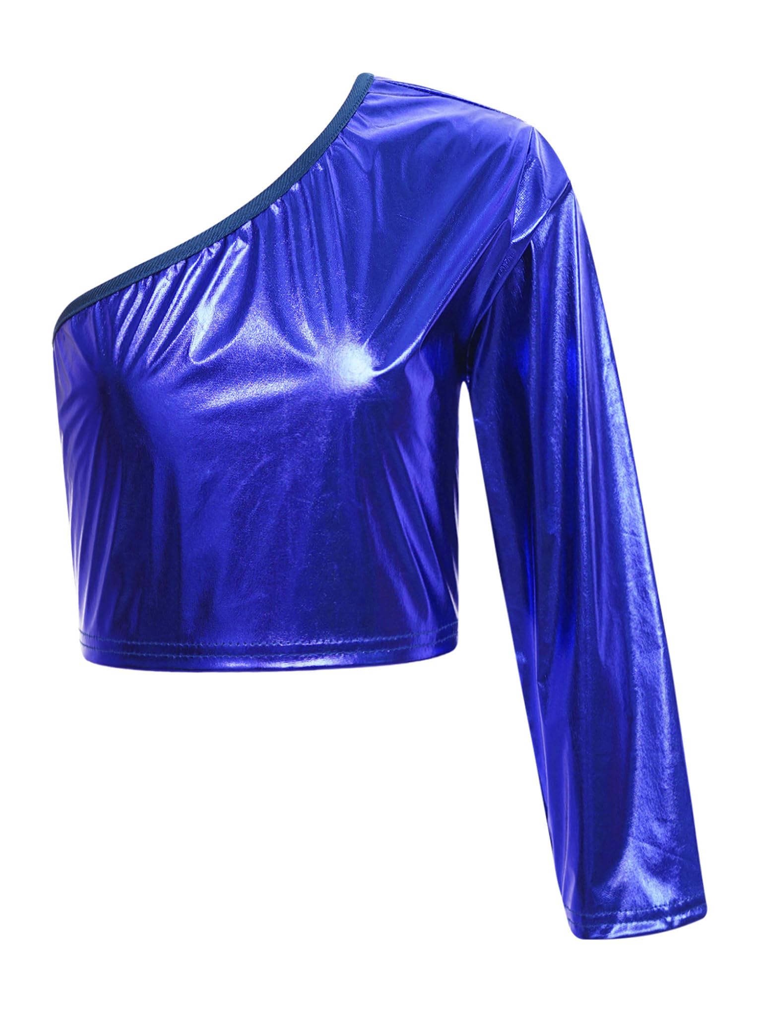 Mufeng Kids Boys Girls One Shoulder Metallic Shiny Short T-Shirt Long Sleeve Crop Top Hip Hop Dance Tops Dancewear Blue 5-6 Years