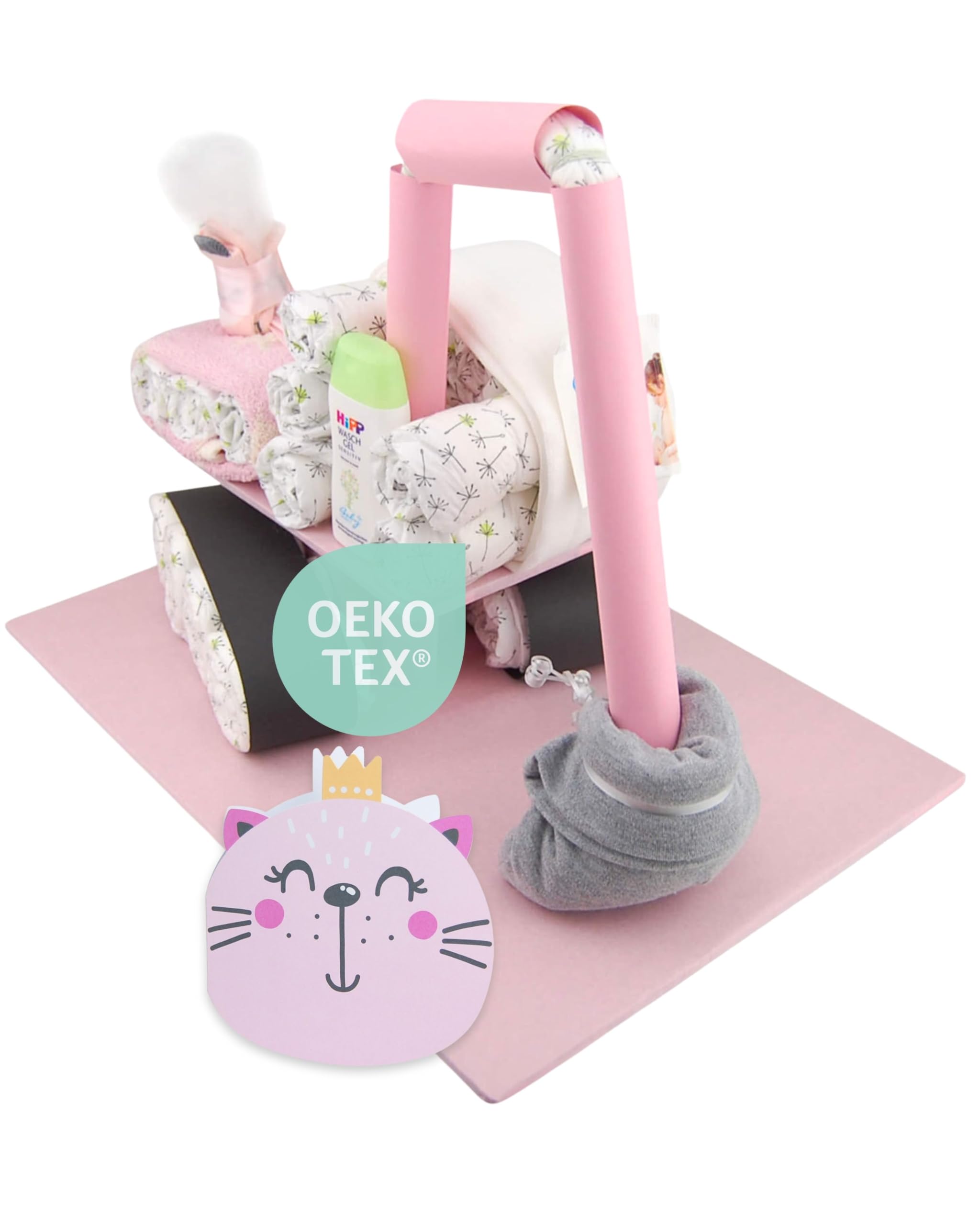 Pastel de pañales ® Excavadora con calcetines para bebé [vehículo de construcción] - Regalo para nacimiento - Fiesta del bebé - Obsequio - Paño para eructos - Baberos para bebé
