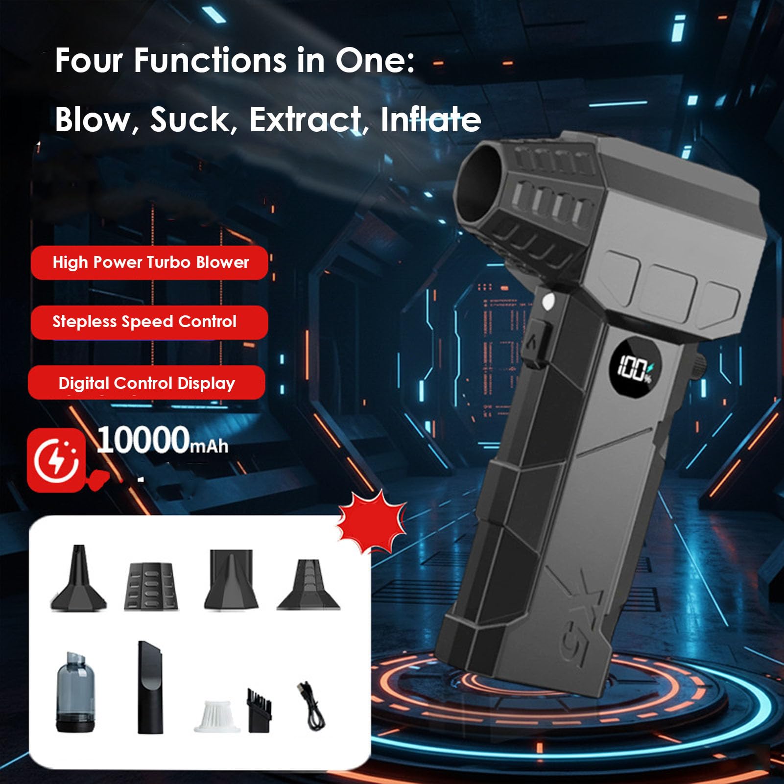 Turbo soffiatore elettrico per spolverino, potente 150.000 giri/min, senza fili, con display a LED, velocità regolabile, per tastiera PC, pulizia auto, materiale ABS