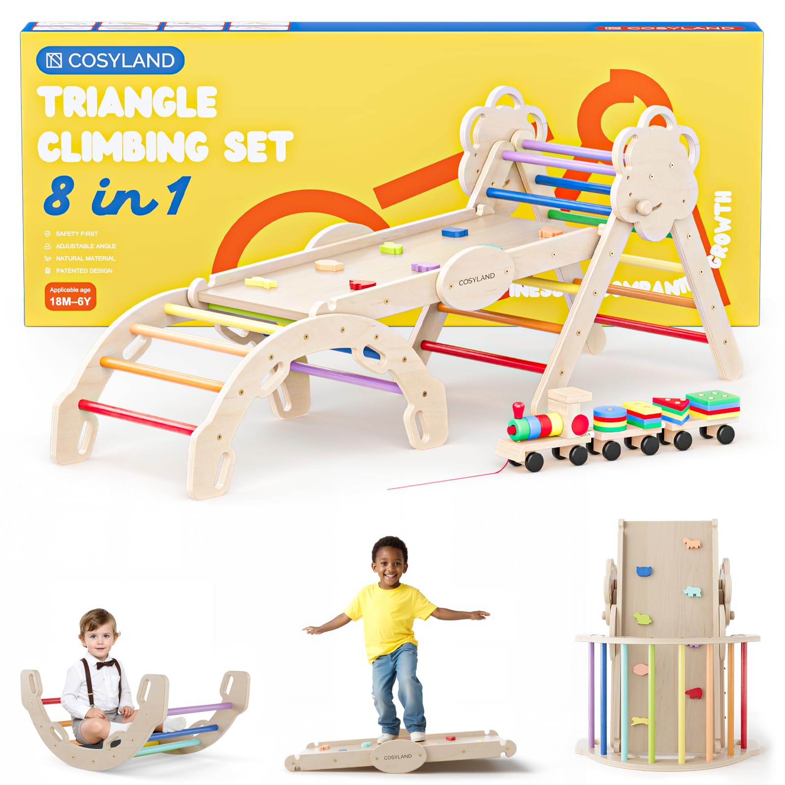 COSYLAND Pikler Triangle Set 8 in 1 - Adjustable 3-Level Montessori Climbing Toys for Toddlers 18M-6Y, Foldable Wooden Indoor Jungle Gym & Playground with Train Toy & Gift Box, Rainbow