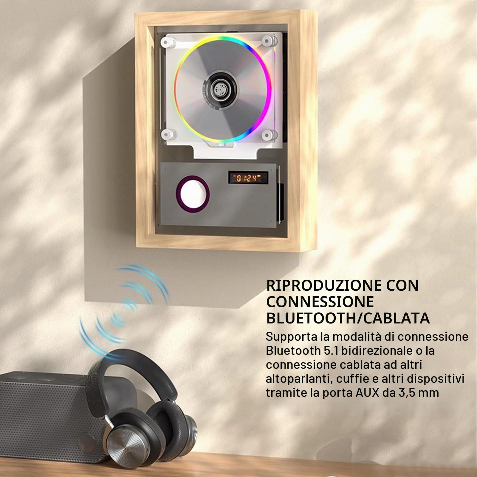 Lettore CD Music Frame, Lettore CD da Parete con Altoparlanti, Schermo LED, Illuminazione Ambientale, Telecomando, Uscita Bluetooth/AUX da 3,5 Mm, per La Casa, L'Ufficio E La Galleria