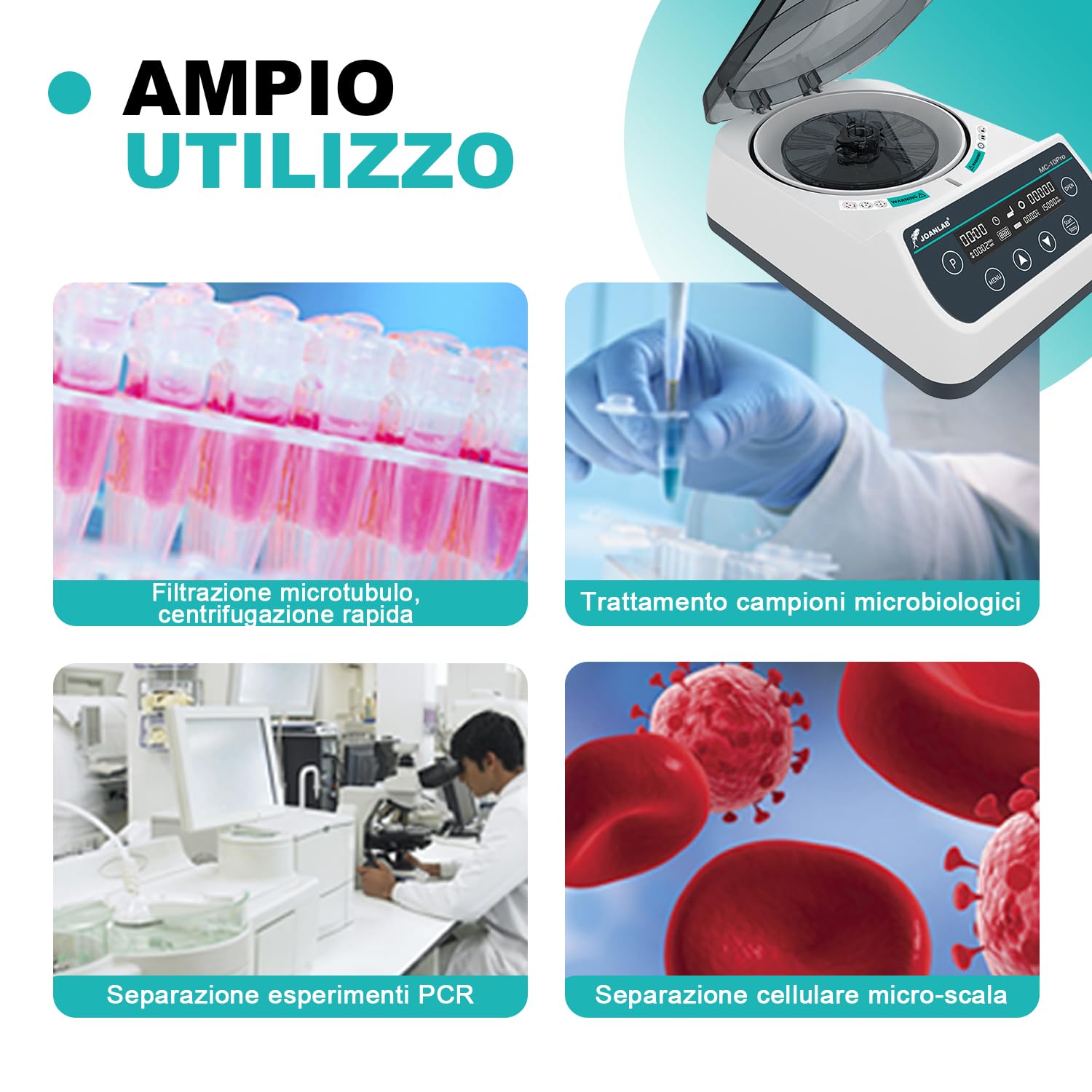 JOANLAB Microcentrifuga ad Alta Velocità 10000 RPM, Display LCD - con Rotore Micro (40mm, Φ1.5mm) e Rotore per Tubi 0,2/0,5/1,5/2ml, per Laboratorio