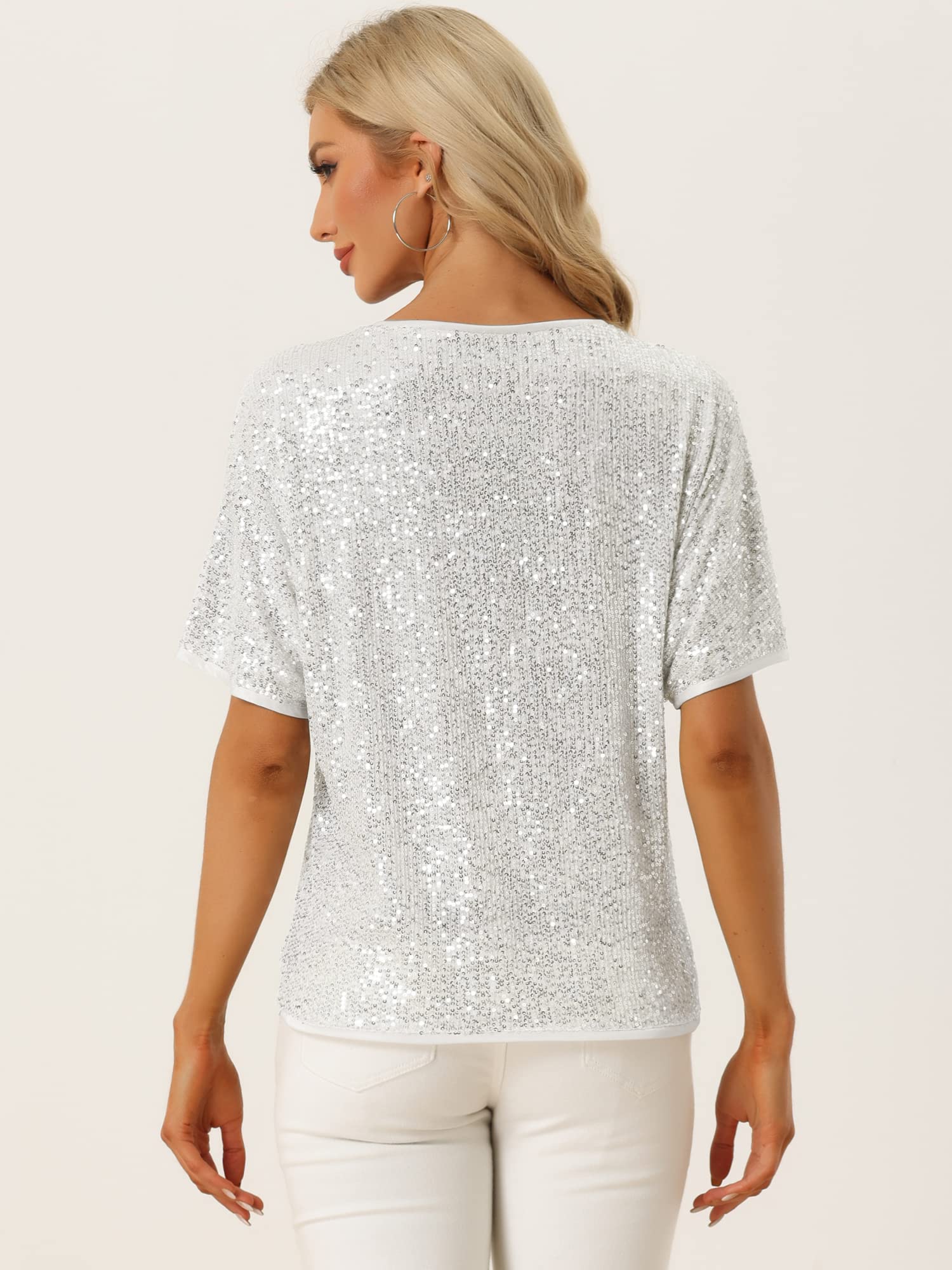 Allegra K Damen Festliches Oberteil Pailletten Oberteile Kurzarm Rund Halsausschnitt Party Glitzer Top Silber M