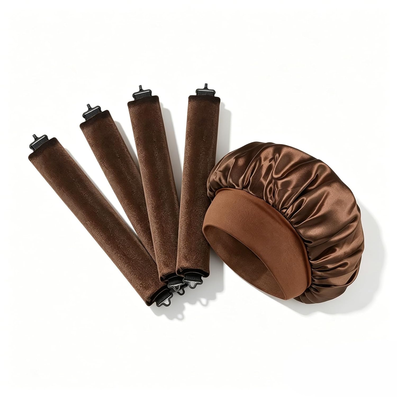 Heatless Curls Overnight Set,4 Velvet Flexi Rods No Heat Hair Curlers | Satin Cap Included,Frizz-Free Bouncy Curls & Waves,Works All Hair Types,Gift for Women Girls,Brown