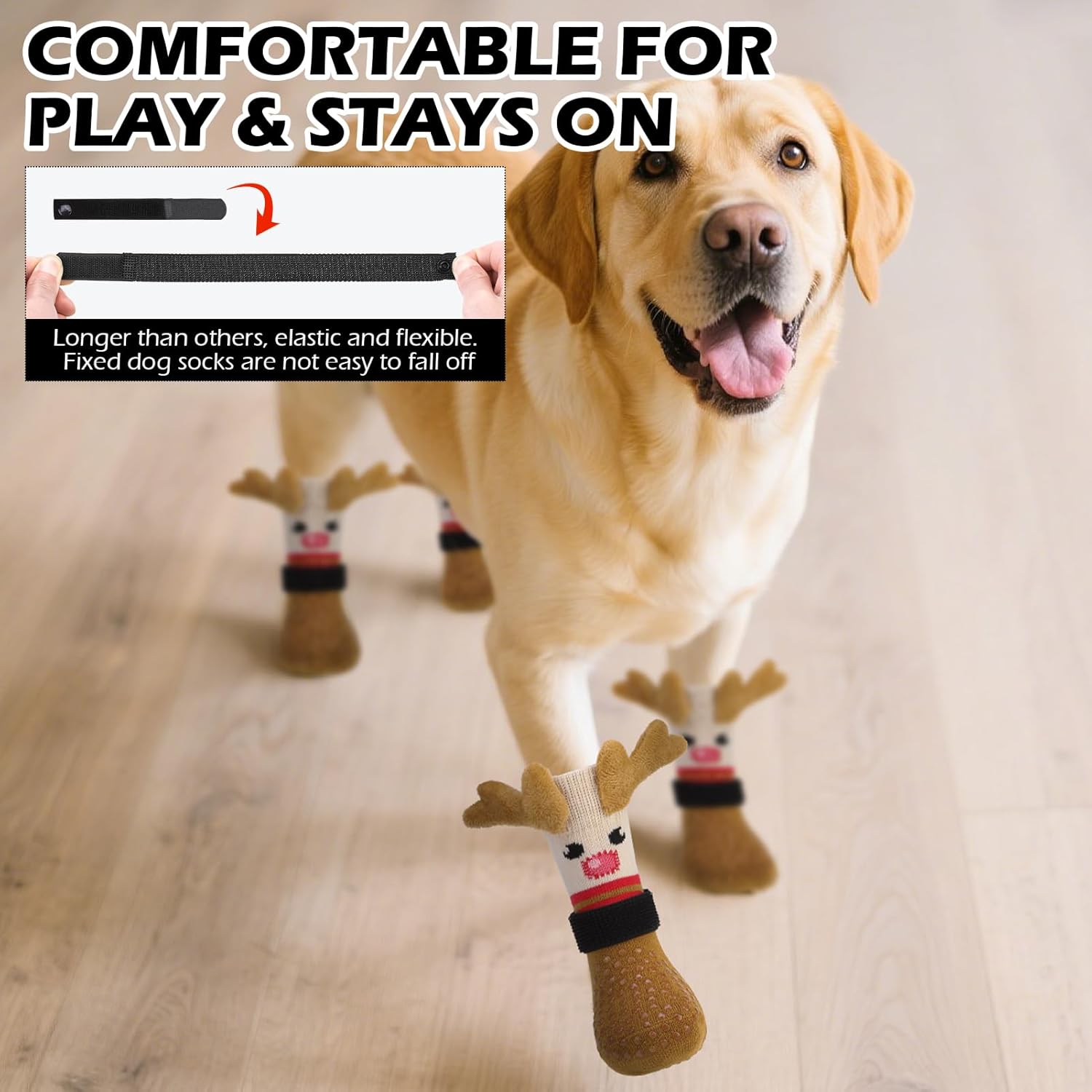 EXPAWLORER Christmas Anti Slip Dog Socks to Prevent Licking Paws, Boots & Paw Protectors with Grippers,Doggie Booties for Hardwood Floors for Large Senior Dogs Lifelike Costume Reindeer large