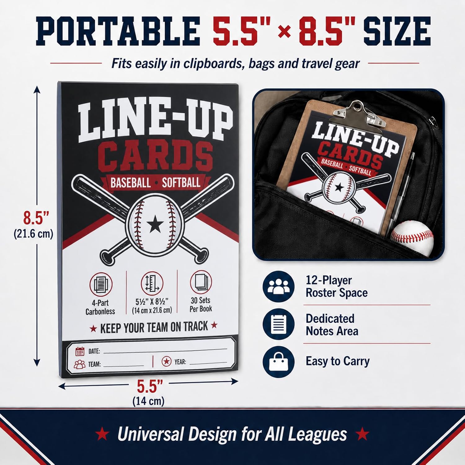 2 Pack 60 Set Baseball/Softball Lineup Cards with Lineup Board | 4 Part Carbonless Copies, 60 Games, 12 Player Roster Line up Sheet for Coaches, Team, Sports 5.5''x 8.5''
