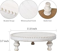 Vista 4 de SwallowLiving Soporte de Pie de Bandeja Redonda Blanca Rústica de Madera con Borde de Cuentas Estilo Granja con Acabado Blanco Lavado