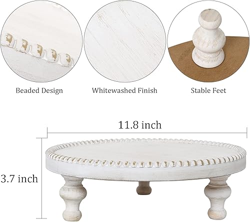 Miniatura 4 de SwallowLiving Rustic White Round Wood Tray Riser Farmhouse Pedestal Stand with Beaded Edge for Decor Whitewash Finish Wooden Cupcake Display for