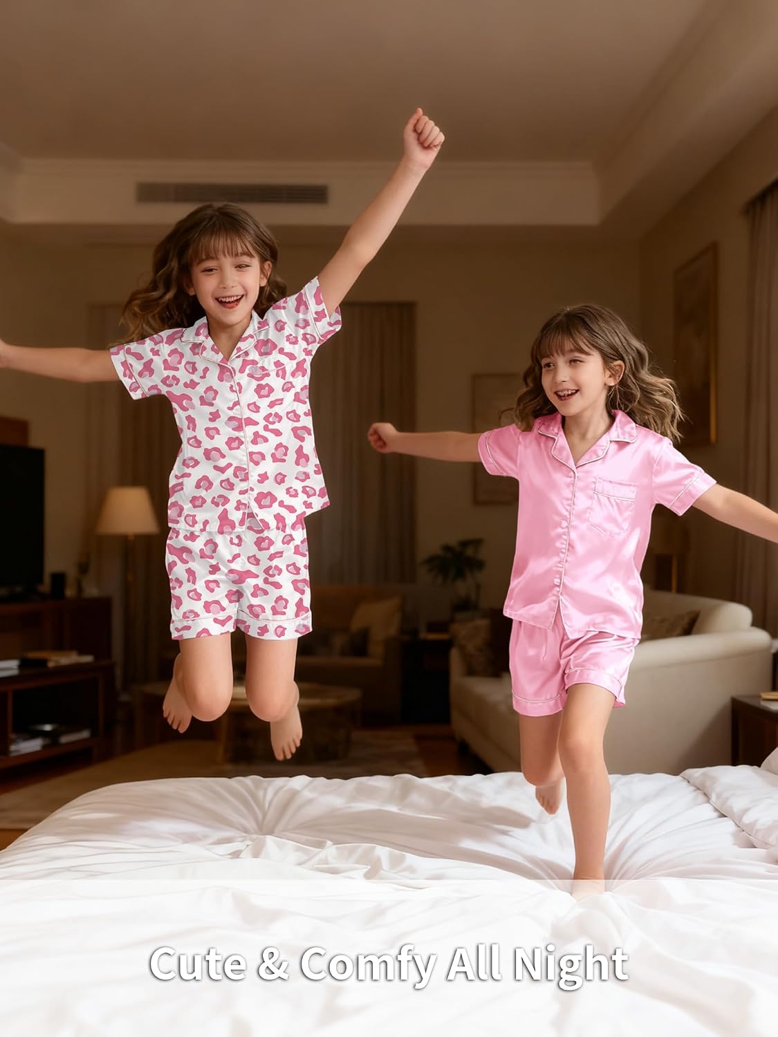 Girls Pajamas Silky Sets 2 Packs, Soft Satin Boys Kids Summer Pjs, Short Sleeve Button Down for Birthday Gift, 5Y-14Y