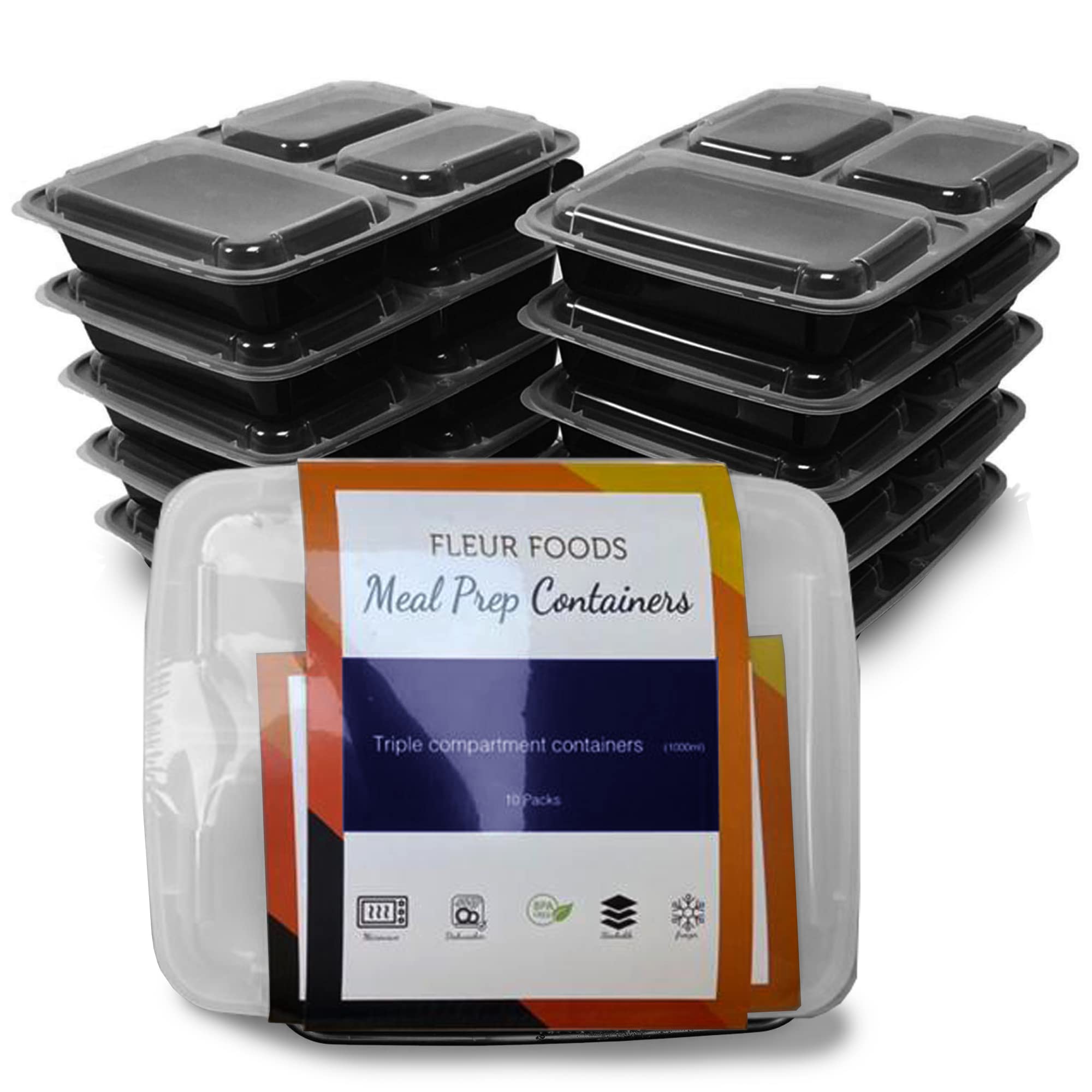 Fleur Foods Meal Prep Containers - Bpa Free - Plastic Food Storage Trays With Airtight Lids - Microwave, Freezer & Dishwasher Safe - Stackable Portion Control Lunch Boxes (3 Compartment [1000Ml])