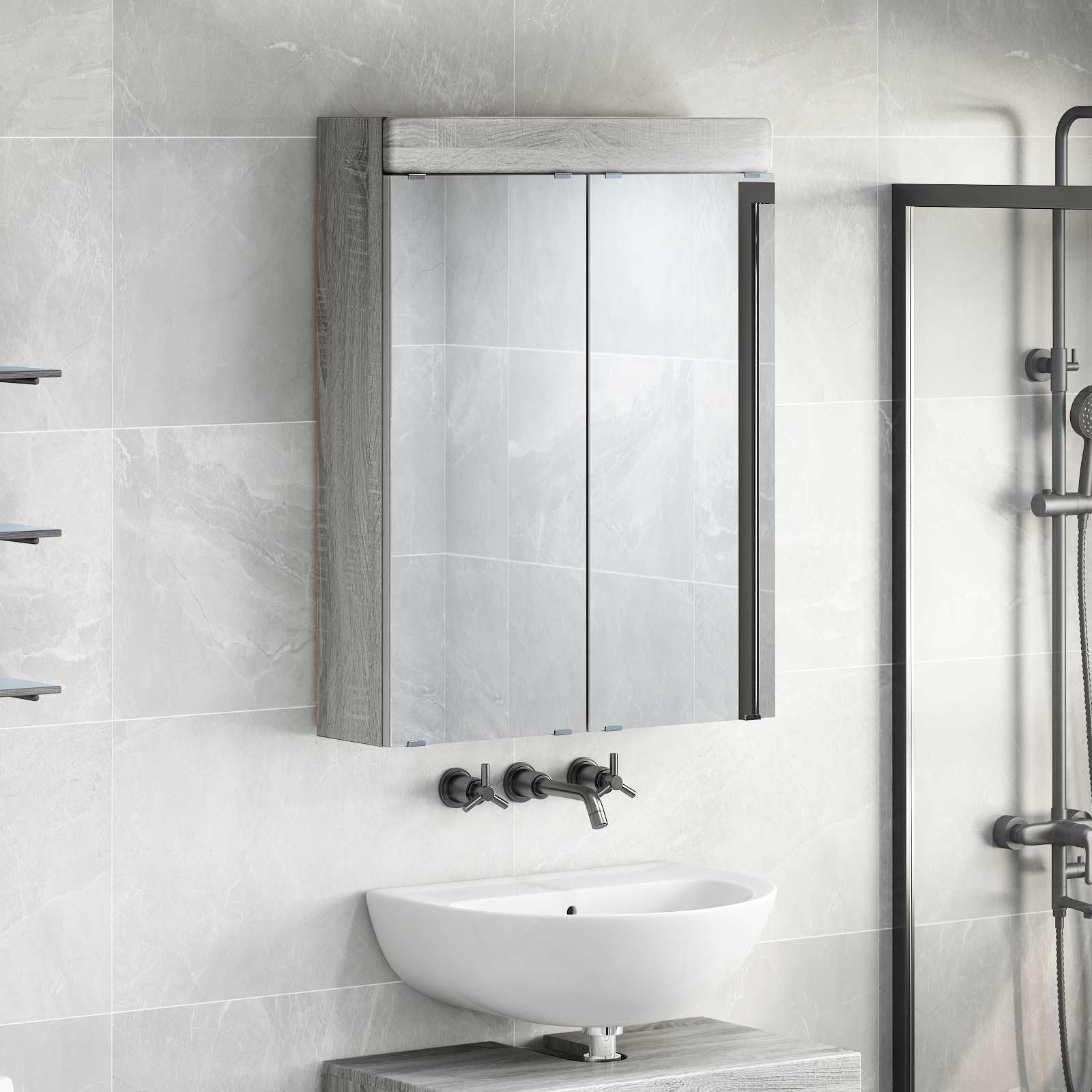 SYDE Armario Baño Gris Sonoma 60 x 16,5 x 78 cm | Madera elaborada, Acabado mate, Almacenaje toallas, Montaje requerido
