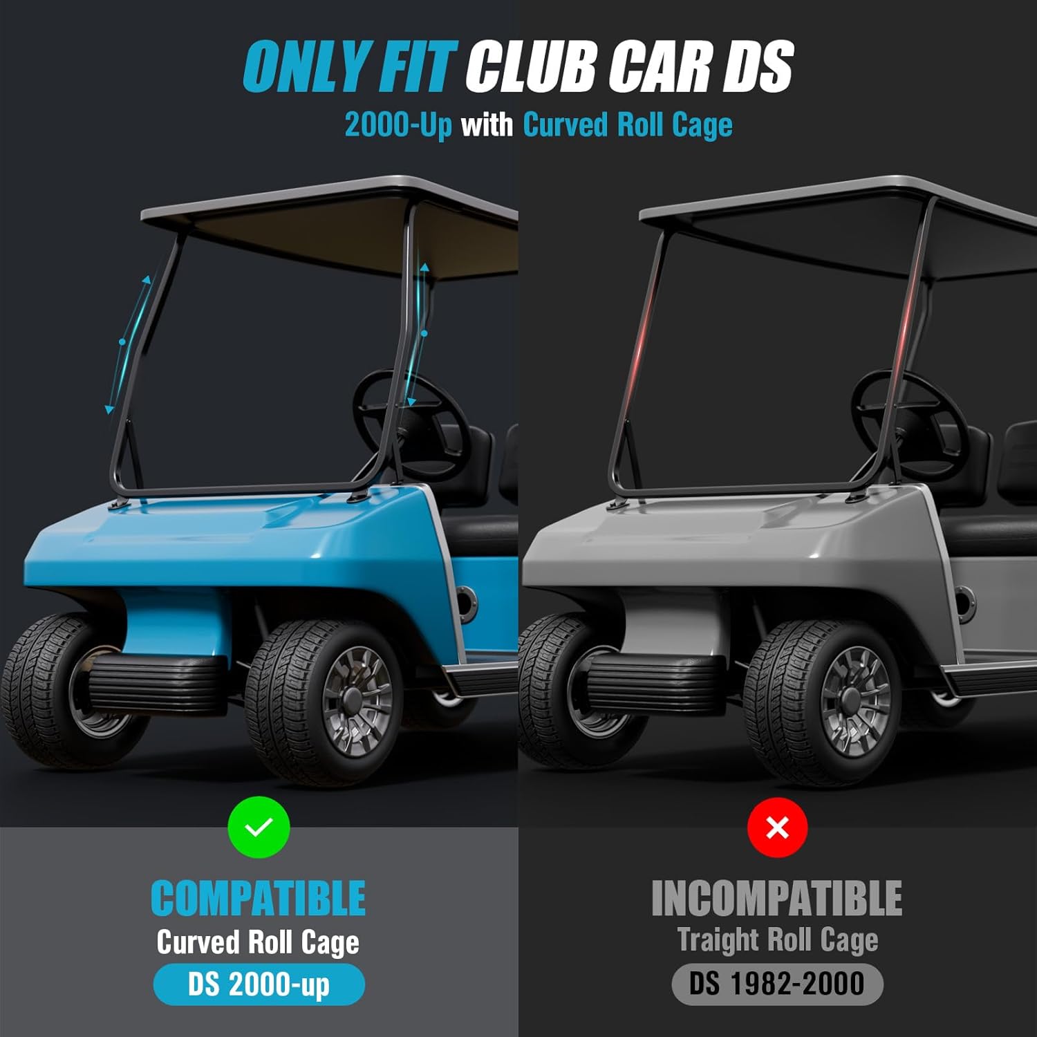 Golf Cart Windshield for Club Car DS 2000-Up Gas and Electric, Fit Tapered Front Struts Only, 5MM PC Club Car DS Windshield with Heavy Duty Hinges, UV-Proof & Impact Resistant(Clear)