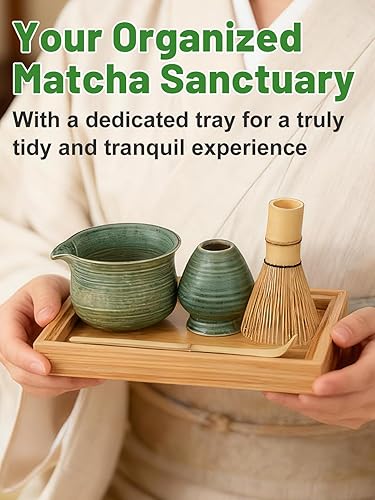 Miniatura 3 de MADHOLLY Juego de batidor de matcha con bandeja, cuenco de matcha con boquilla, batidor y soporte, cuchara de bambú, tamiz, kit de matcha japonés,
