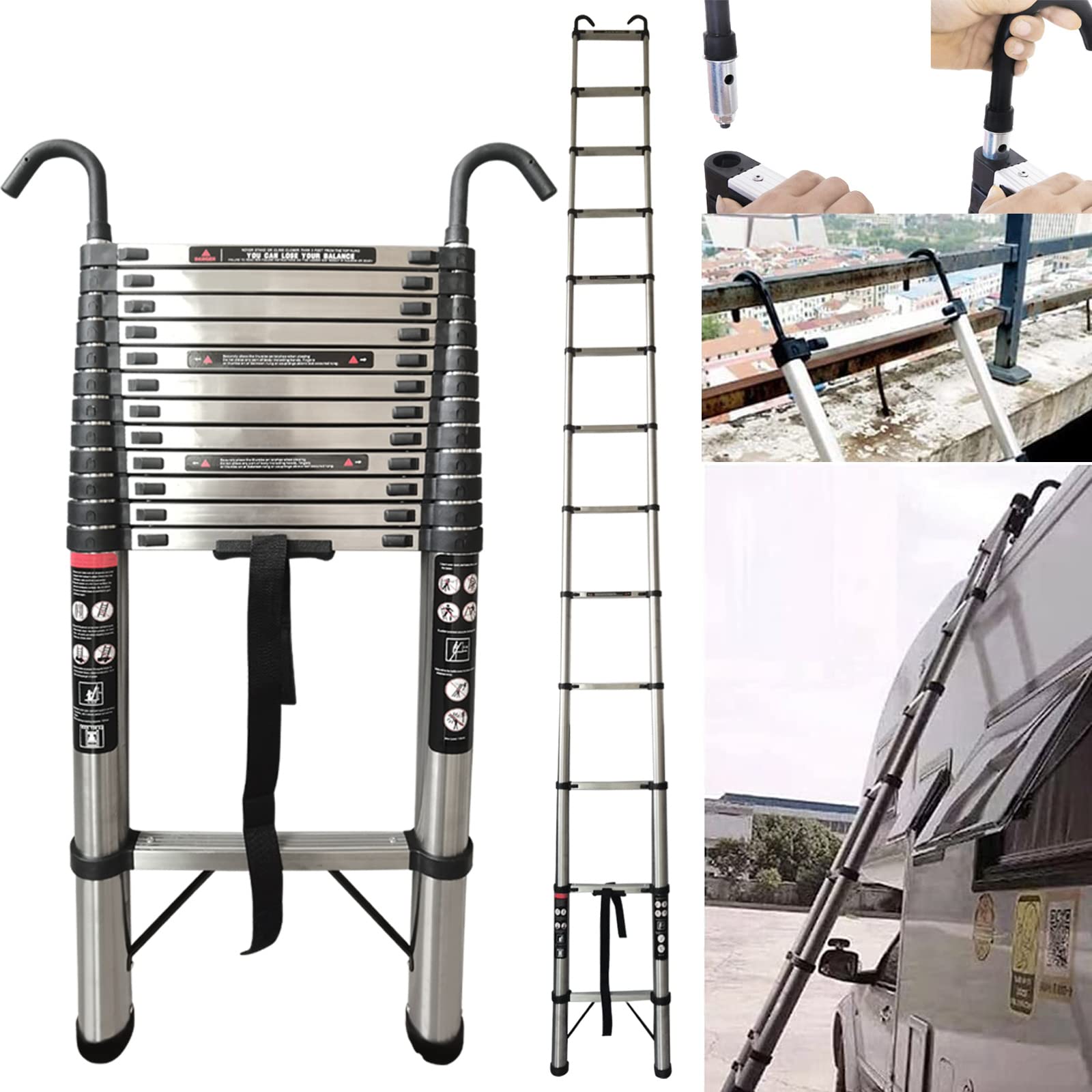 Telescopic Extension Ladder 5 Metre - Stainless Steel Extendable Folding Roof Loft Ladder With Detachable Hooks, Height Adjustment, 12 Step, 330lb Capacity