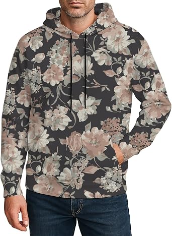 Vintage Floral Pattern Mens Pullover Hoodie, Goth Hoodies Y2k, Gym Hooded Sweatshirts With Pocket Drawstring